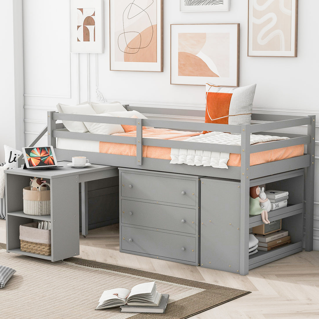 Twin Size Loft Bed With Retractable Writing Desk And 3 Drawers, Wooden Loft Bed With Storage Stairs And Shelves, Gray Gray Solid Wood Mdf