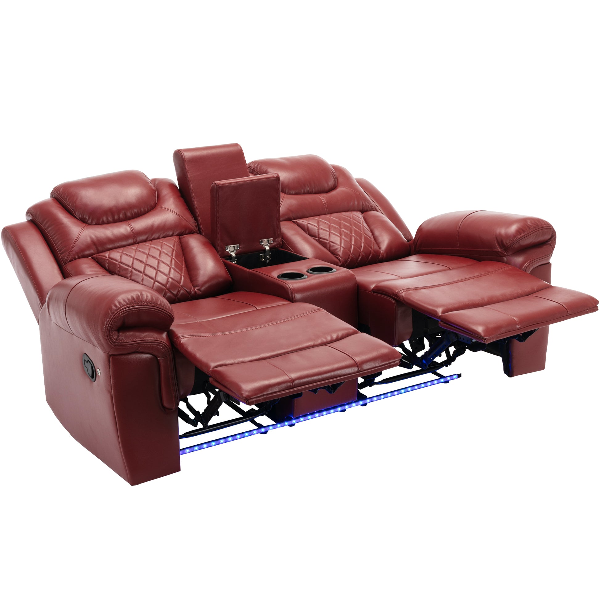 3 Pieces Recliner Sofa Sets Home Theater Seating Manual Recliner Chair With Center Console And Led Light Strip For Living Room, Wine Red Wine Red Foam Faux Leather