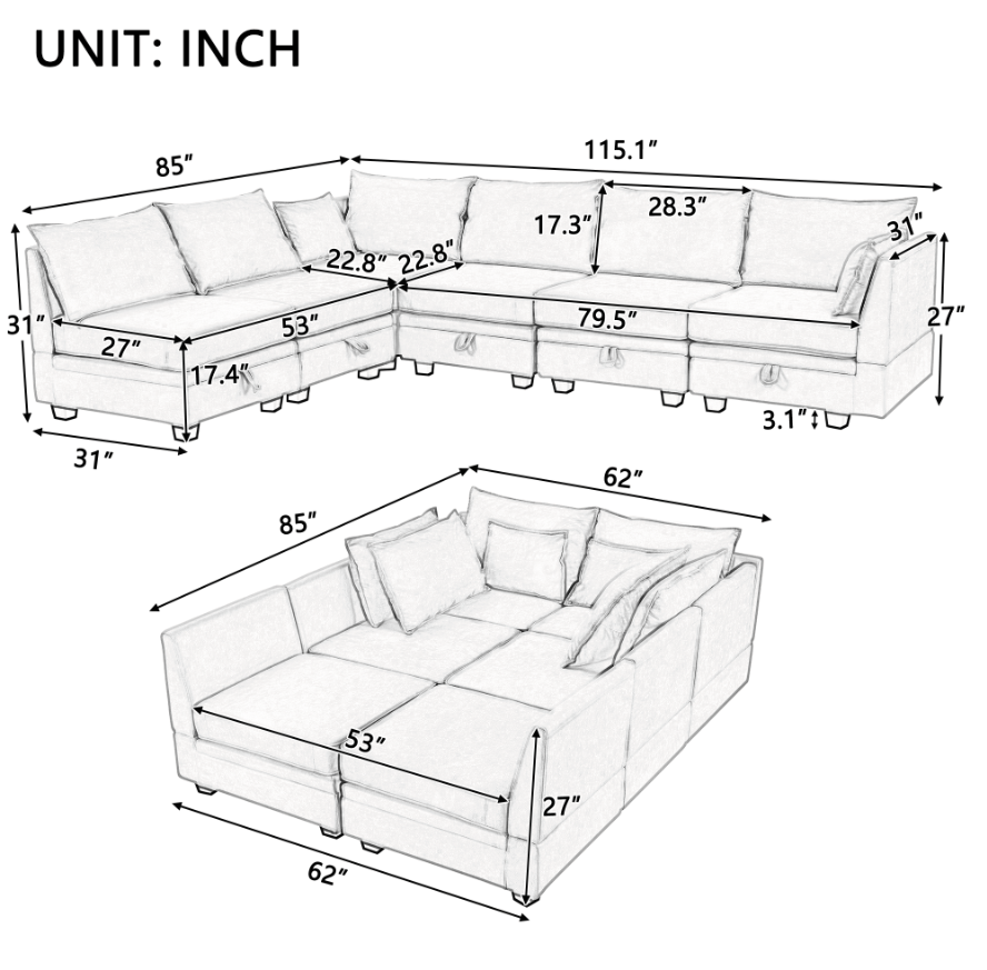 Modern Large U Shape Modular Sectional Sofa, Convertible Sofa Bed With Reversible Chaise For Living Room, Storage Seat Beige Linen