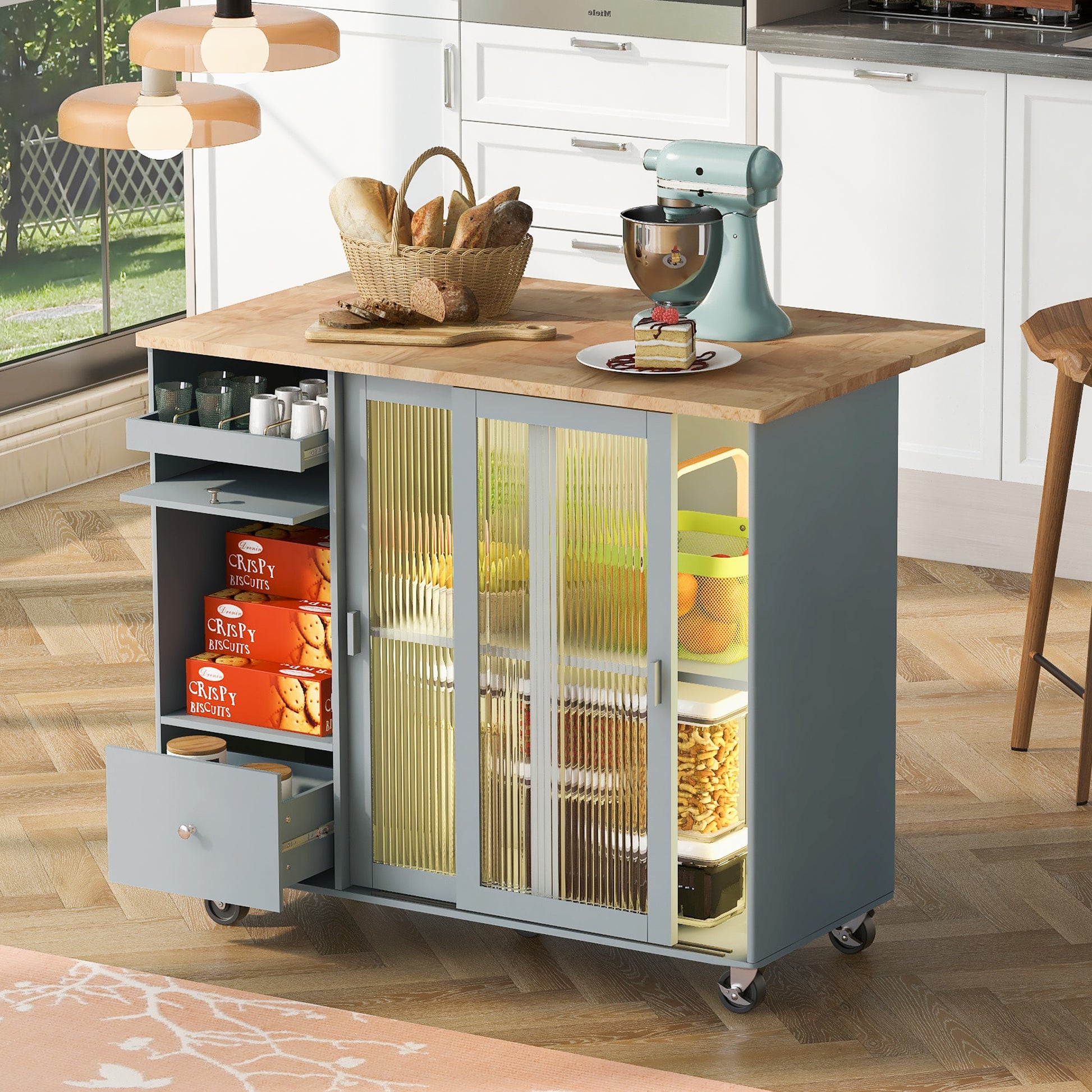 Kitchen Island With Drop Leaf, Led Light Kitchen Cart On Wheels With 2 Fluted Glass Doors And 1 Flip Cabinet Door, Large Kitchen Island Cart With An Adjustable Shelf And 2 Drawers Grey Blue Grey