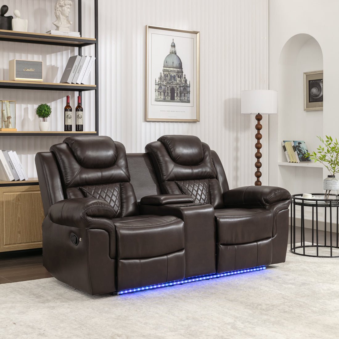 Home Theater Seating Manual Recliner Loveseat With Hide Away Storage, Cup Holders And Led Light Strip For Living Room, Brown Brown Foam Faux Leather