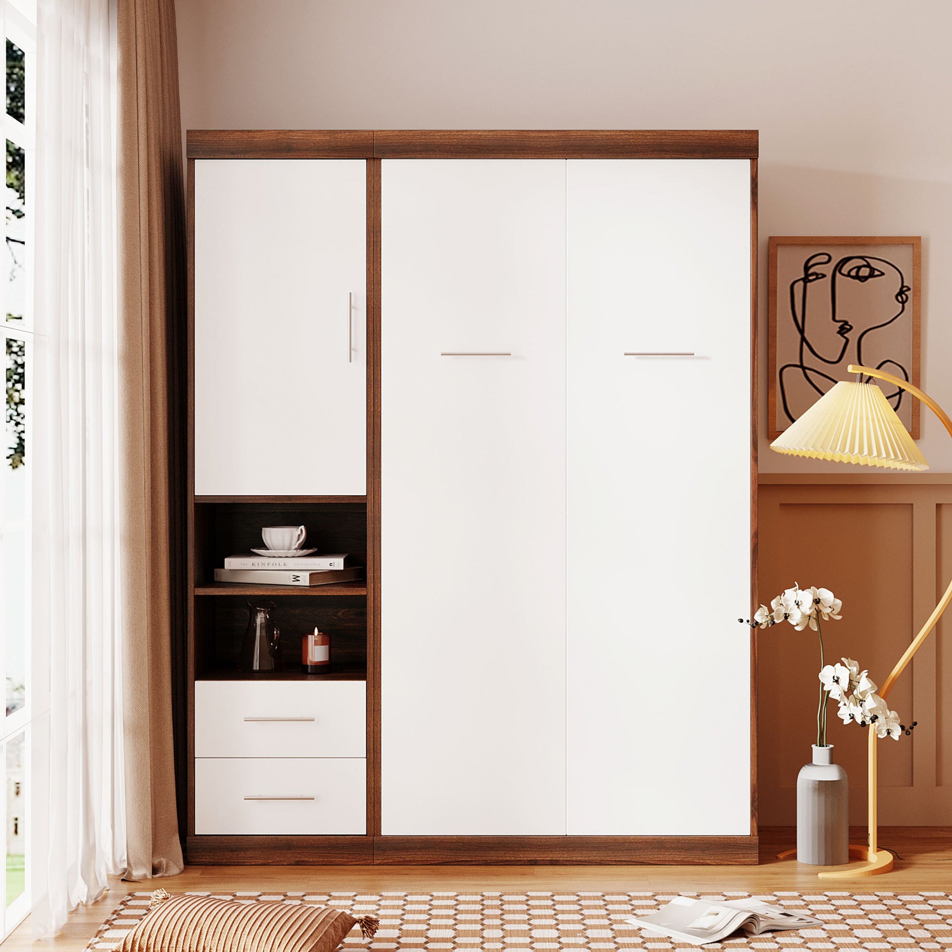 Twin Size Murphy Bed Wall Bed With Cabinet,White Twin White Solid Wood Mdf