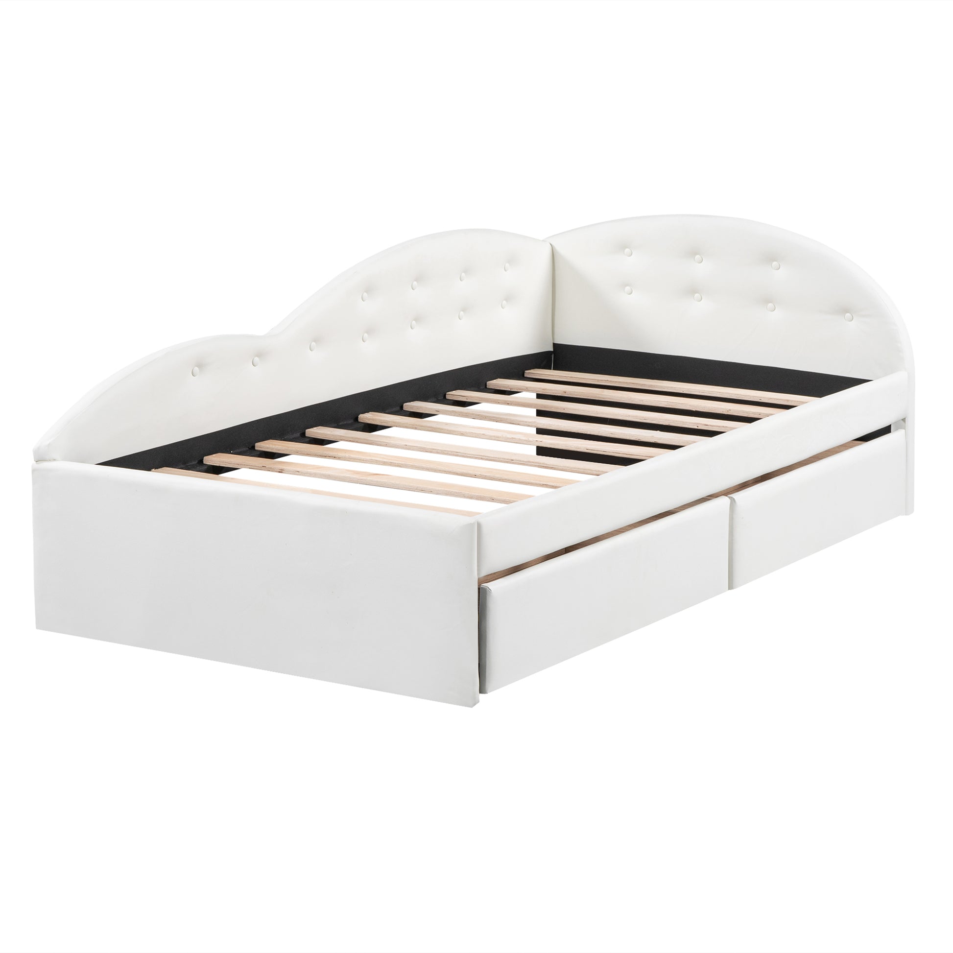 Twin Size Pu Upholstered Tufted Daybed With Two Drawers And Cloud Shaped Guardrail, White Box Spring Not Required Twin White Wood Daybeds Faux Leather Upholstered