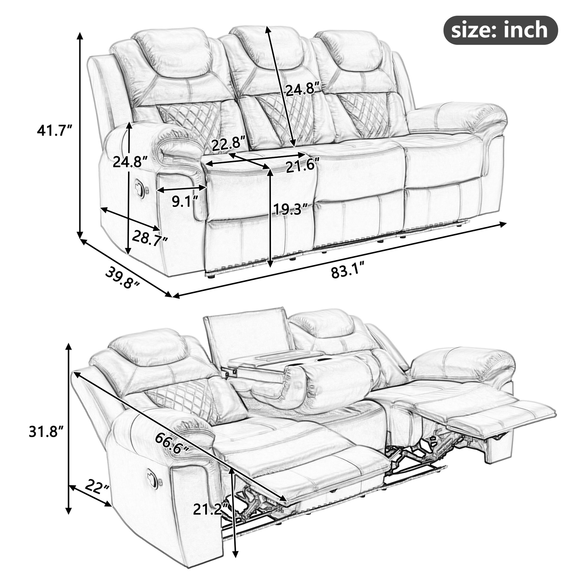 Home Theater Seating Manual Recliner Chair With Center Console And Led Light Strip For Living Room, Brown Brown Foam Faux Leather