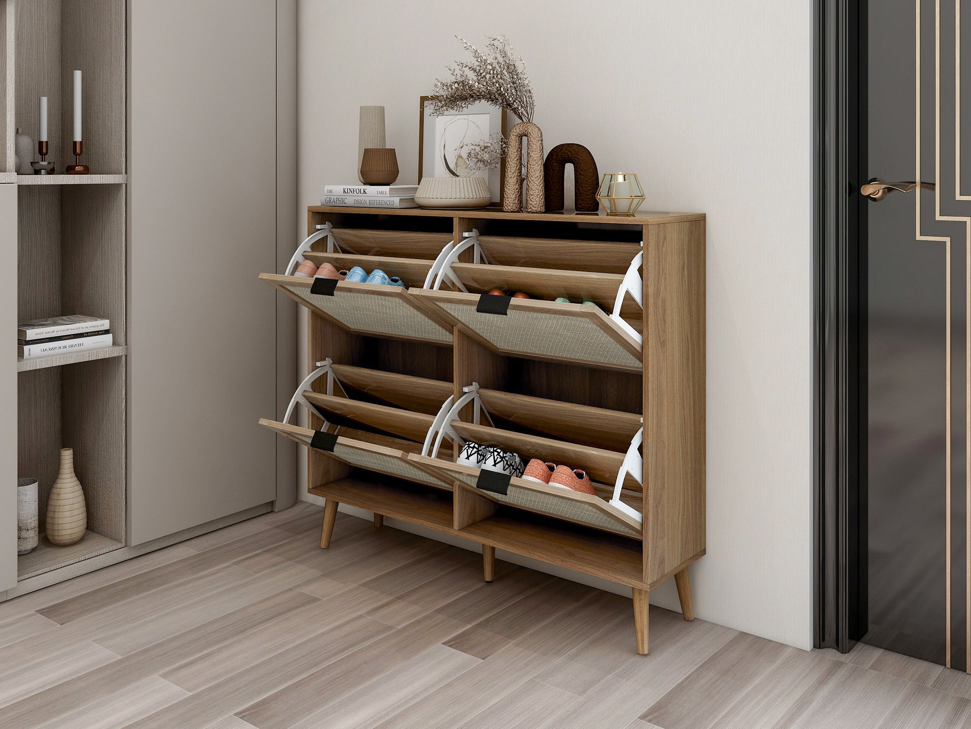 Natural Rattan 4 Door Shoe Rack, Freestanding Modern Shoe Storage Cabinet, For Entryway Walnut Particle Board