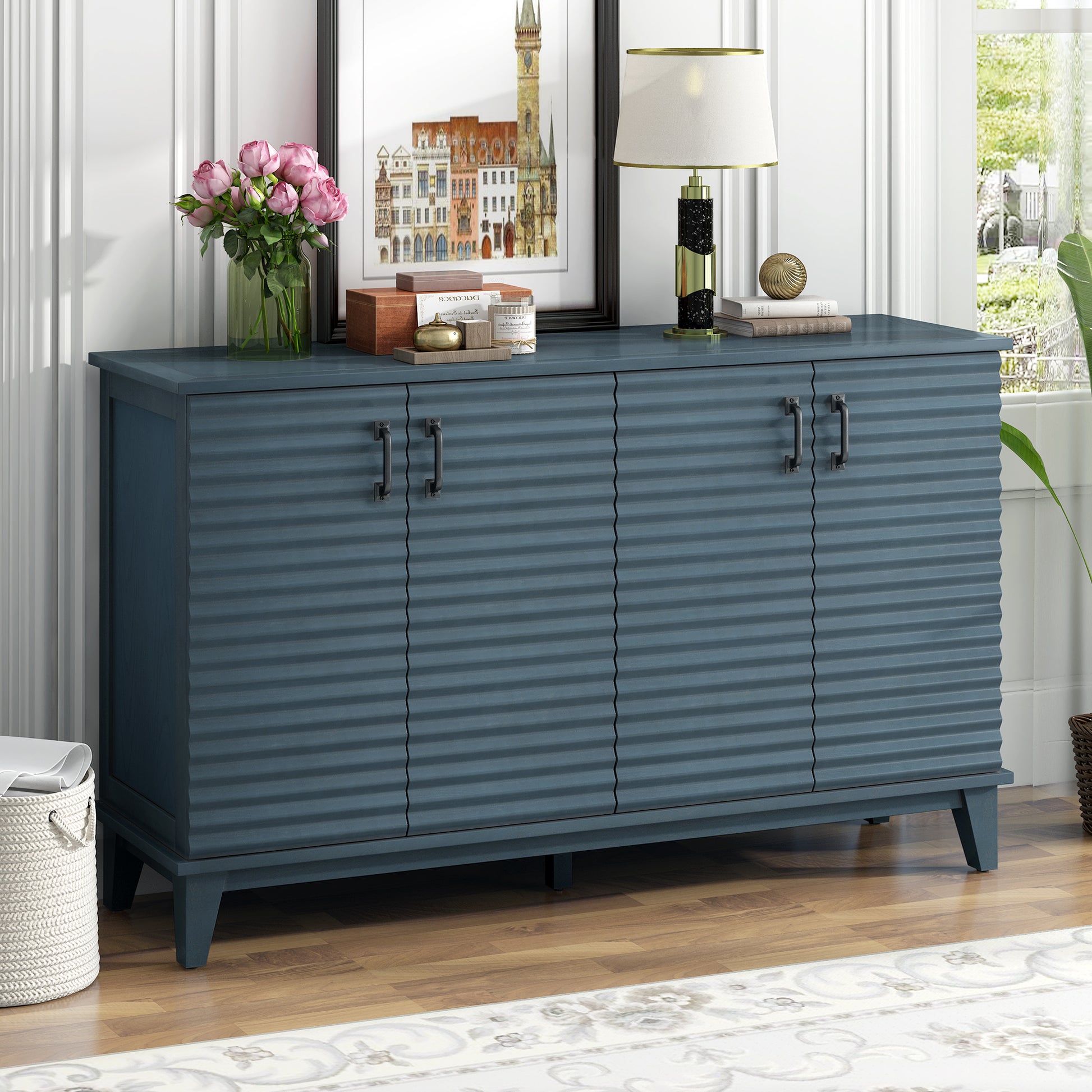 Sideboard With 4 Door Large Storage Buffet With Adjustable Shelves And Metal Handles For Kitchen, Living Room, Dining Room Navy Navy Mdf