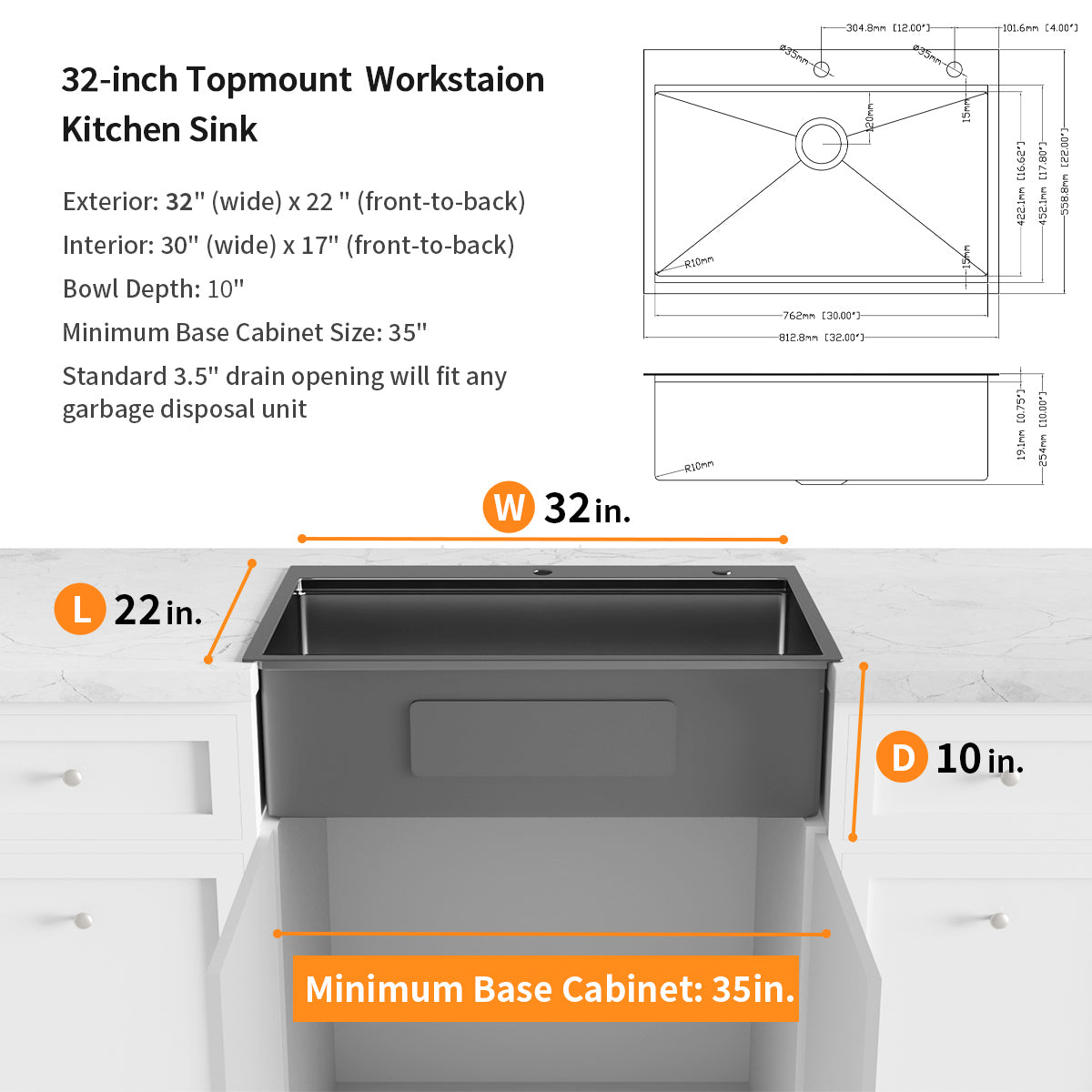 32X22Inch Gunmetal Black Workstation 18Gauge 304 Stainless Steel Kitchen Sink With Black Spraing Neck Faucet Gunmetal Black Stainless Steel