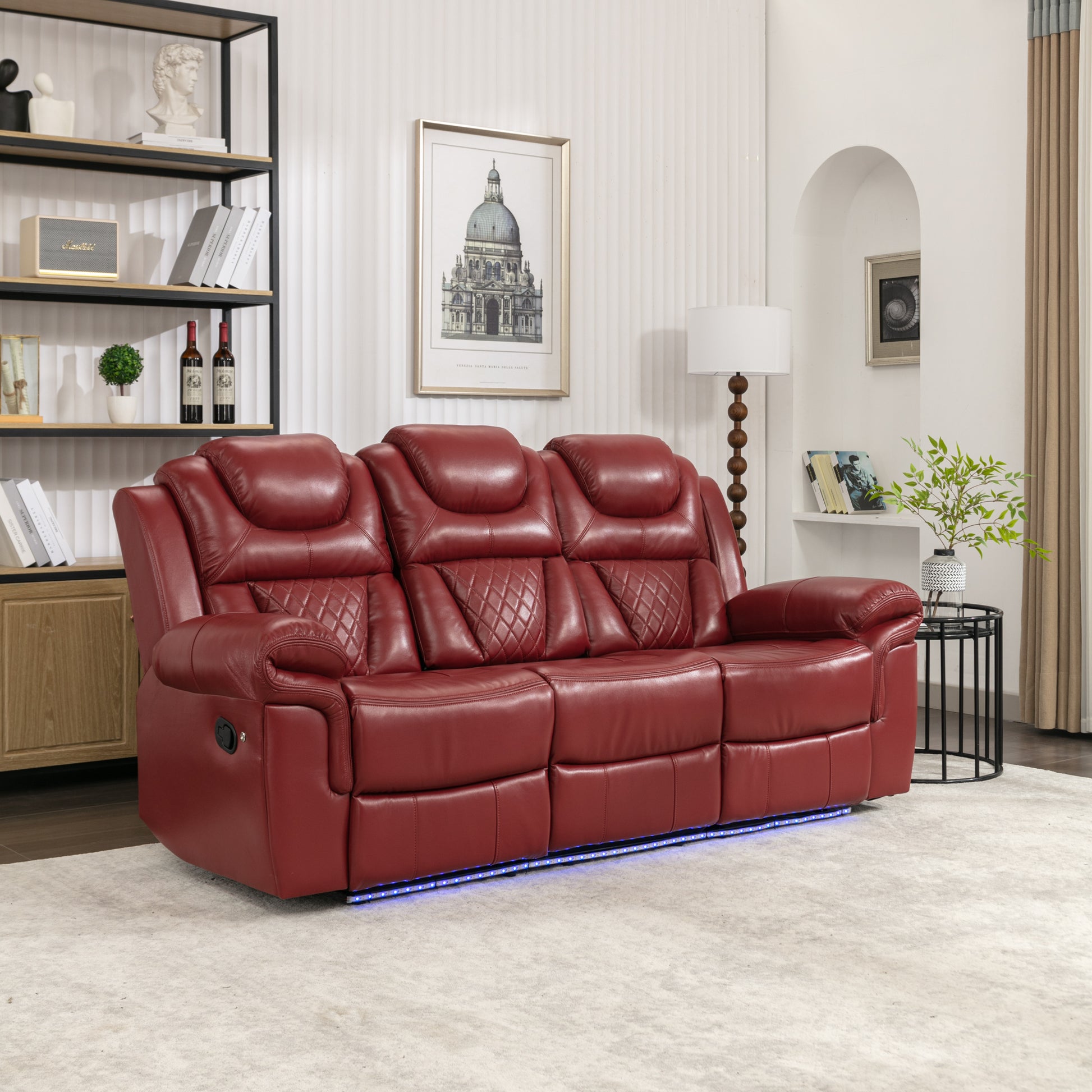3 Pieces Recliner Sofa Sets Home Theater Seating Manual Recliner Chair With Center Console And Led Light Strip For Living Room, Wine Red Wine Red Foam Faux Leather