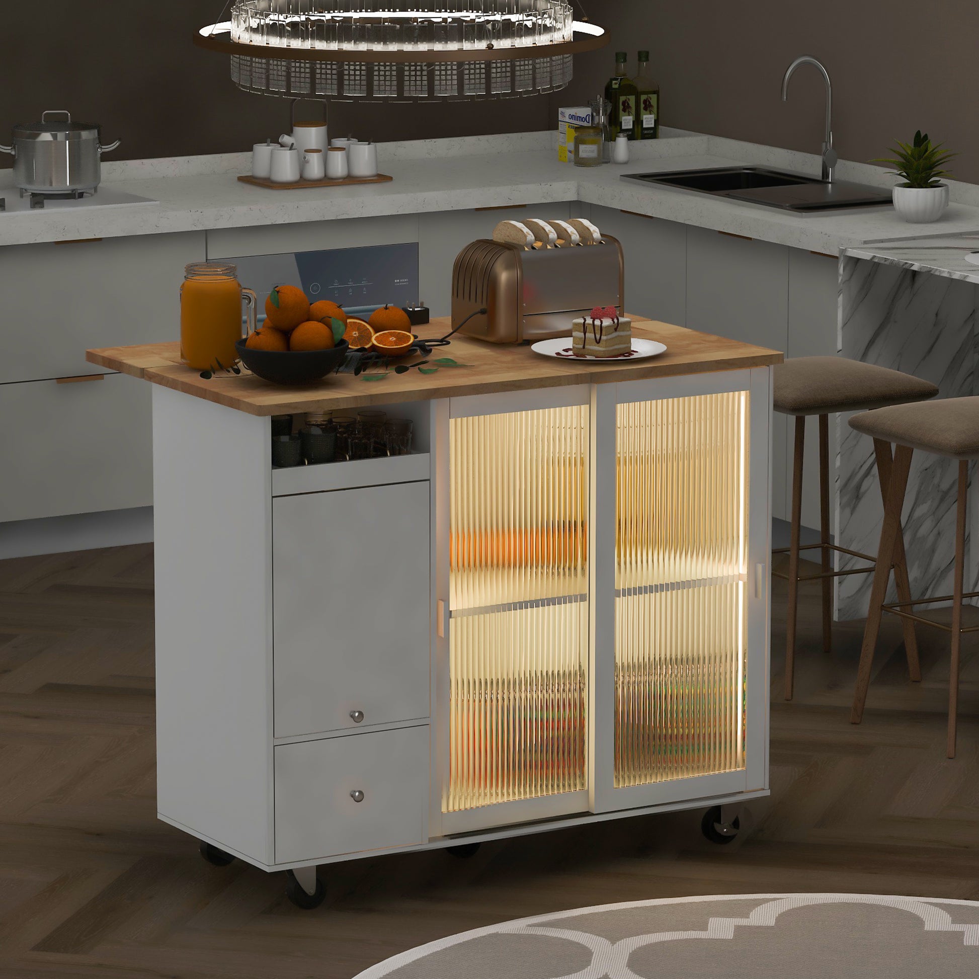 Kitchen Island With Drop Leaf, Led Light Kitchen Cart On Wheels With 2 Fluted Glass Doors And 1 Flip Cabinet Door, Large Kitchen Island Cart With An Adjustable Shelf And 2 Drawers White White