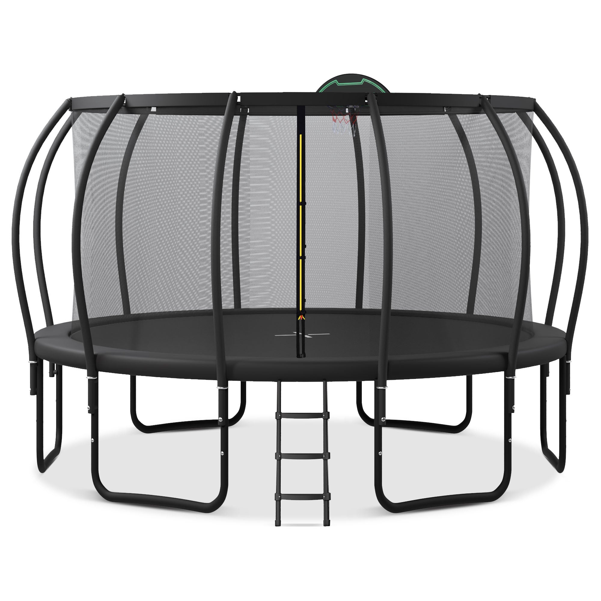 16Ft Trampoline For Kids With Upgraded Arcpole And Composite Toploop For Safety Enclosure, Plus Basketball Board And 12 Ground Stakes, Outdoor Recreational Playset Balance Physical Training Trampoline Black Metal