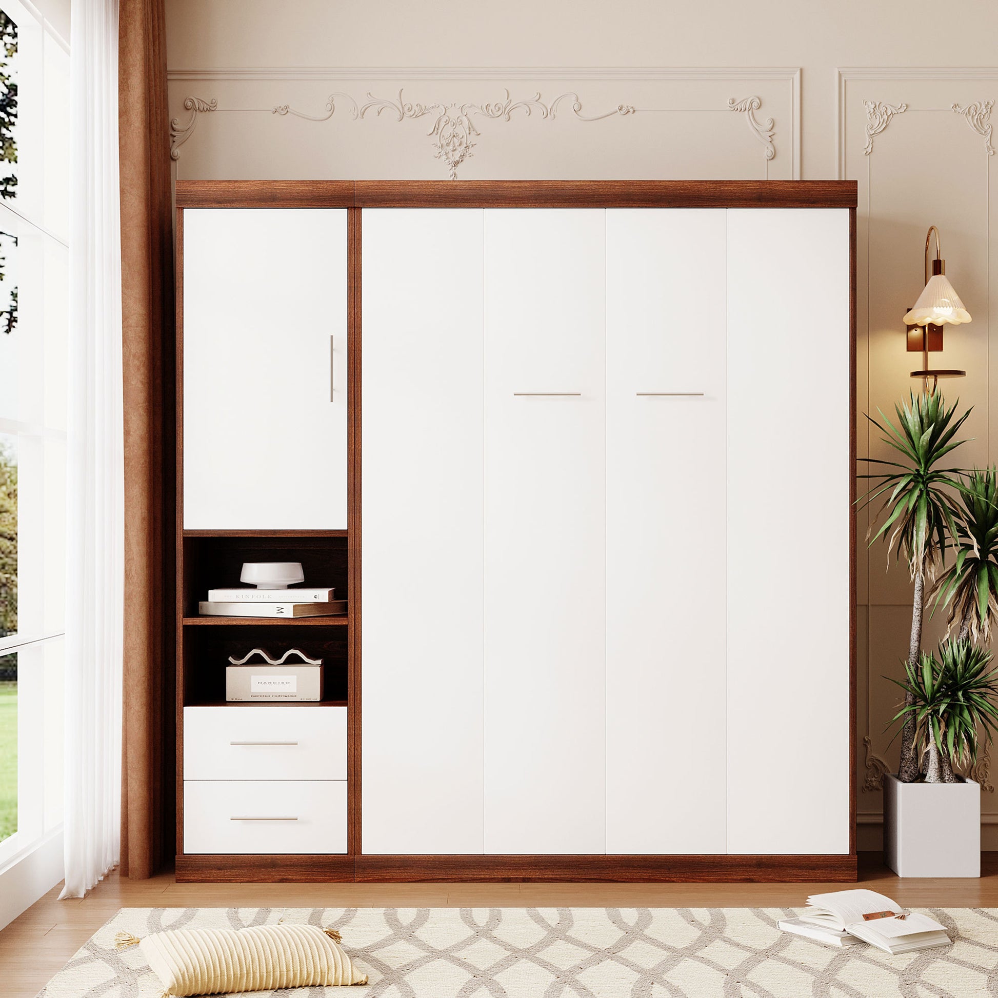 Full Size Murphy Bed Wall Bed With Cabinet,White Full White Solid Wood Mdf