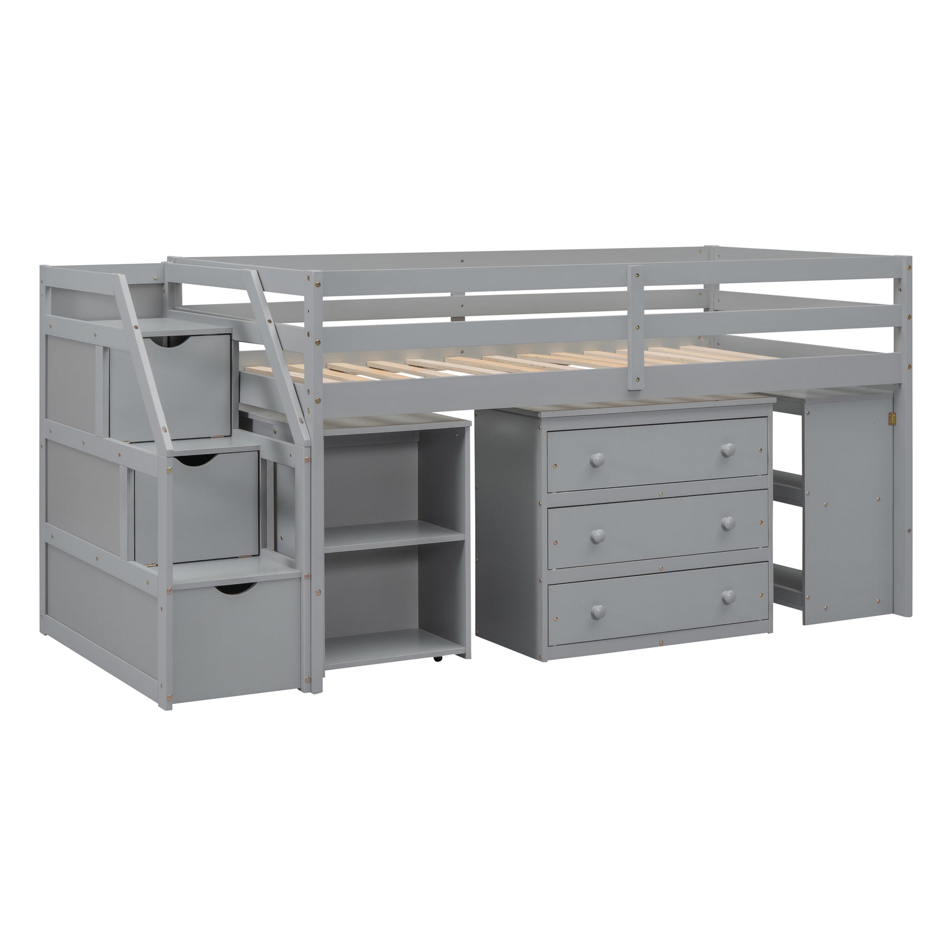 Twin Size Loft Bed With Retractable Writing Desk And 3 Drawers, Wooden Loft Bed With Storage Stairs And Shelves, Gray Gray Solid Wood Mdf