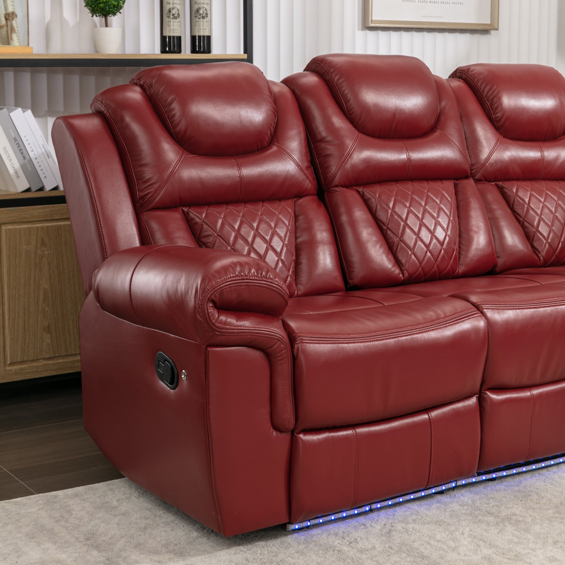 Home Theater Seating Manual Recliner Chair With Center Console And Led Light Strip For Living Room, Wind Red Red Foam Faux Leather