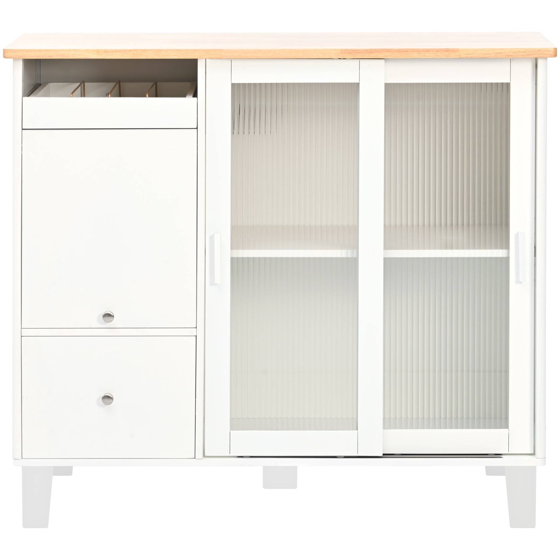 Kitchen Island With Drop Leaf, Led Light Kitchen Cart On Wheels With 2 Fluted Glass Doors And 1 Flip Cabinet Door, Large Kitchen Island Cart With An Adjustable Shelf And 2 Drawers White White