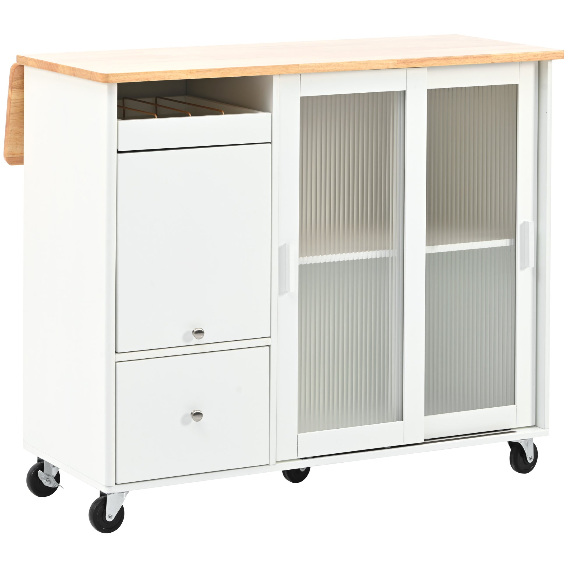 Kitchen Island With Drop Leaf, Led Light Kitchen Cart On Wheels With 2 Fluted Glass Doors And 1 Flip Cabinet Door, Large Kitchen Island Cart With An Adjustable Shelf And 2 Drawers White White