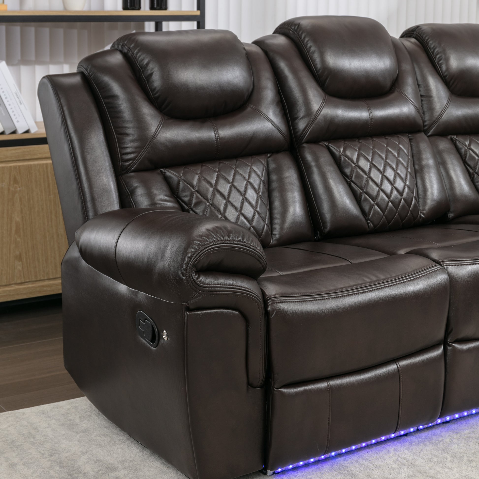 Home Theater Seating Manual Recliner Chair With Center Console And Led Light Strip For Living Room, Brown Brown Foam Faux Leather