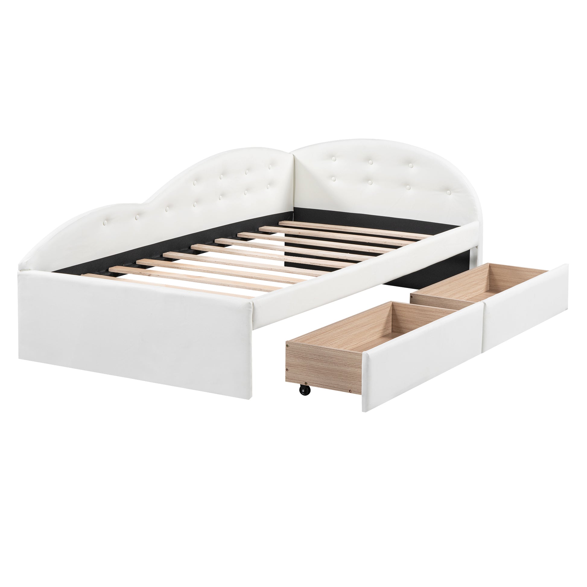 Twin Size Pu Upholstered Tufted Daybed With Two Drawers And Cloud Shaped Guardrail, White Box Spring Not Required Twin White Wood Daybeds Faux Leather Upholstered