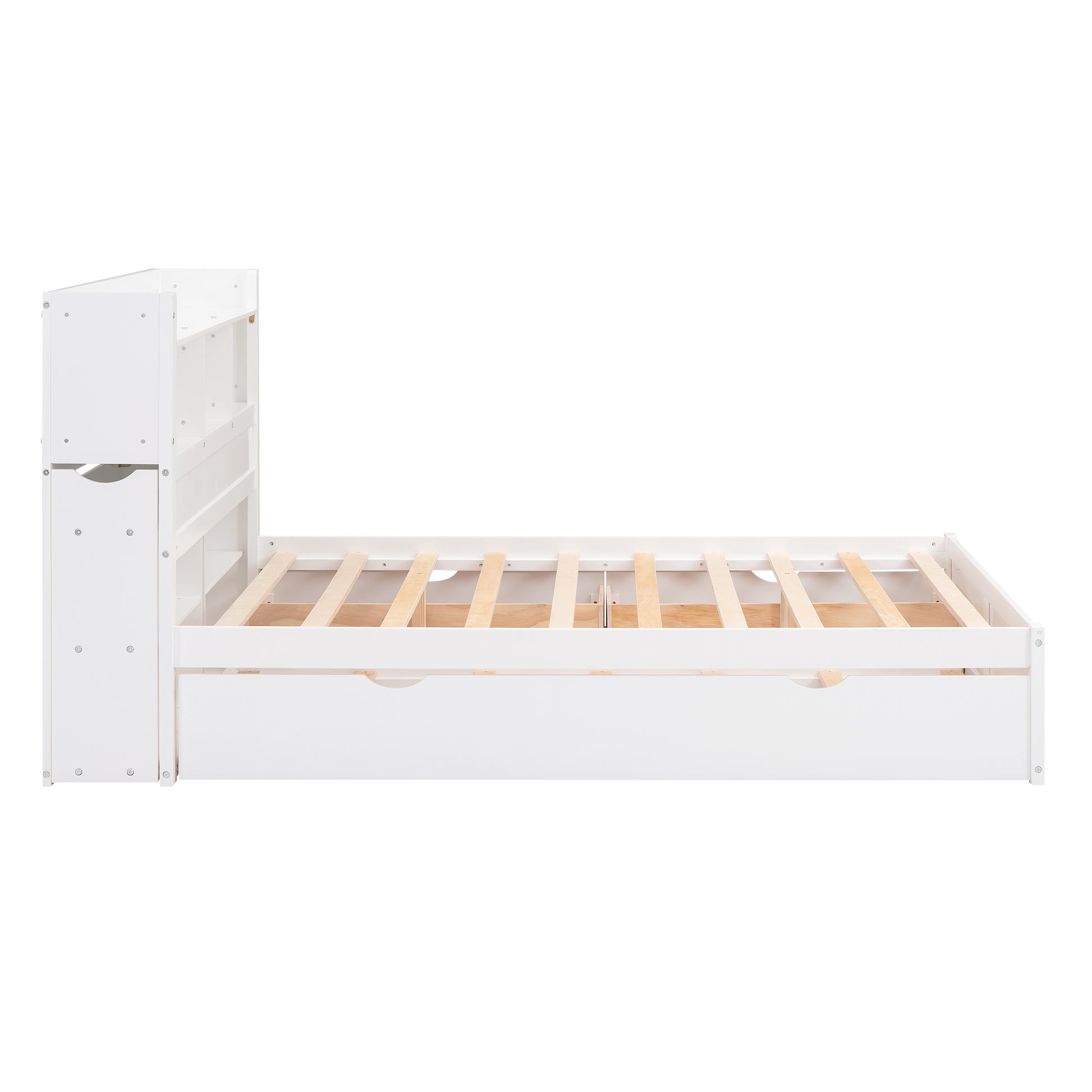 Full Size Storage Platform Bed With Pull Out Shelves, Twin Size Trundle And 2 Drawers, White Box Spring Not Required Full White Wood Bedroom Bed Frame Solid Wood Mdf