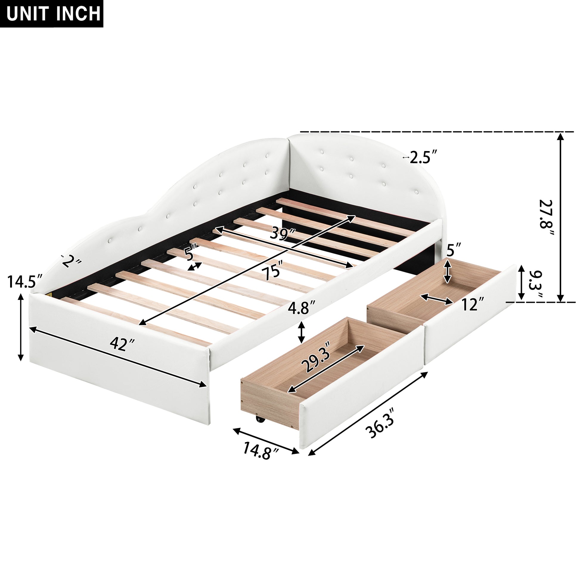 Twin Size Pu Upholstered Tufted Daybed With Two Drawers And Cloud Shaped Guardrail, White Box Spring Not Required Twin White Wood Daybeds Faux Leather Upholstered