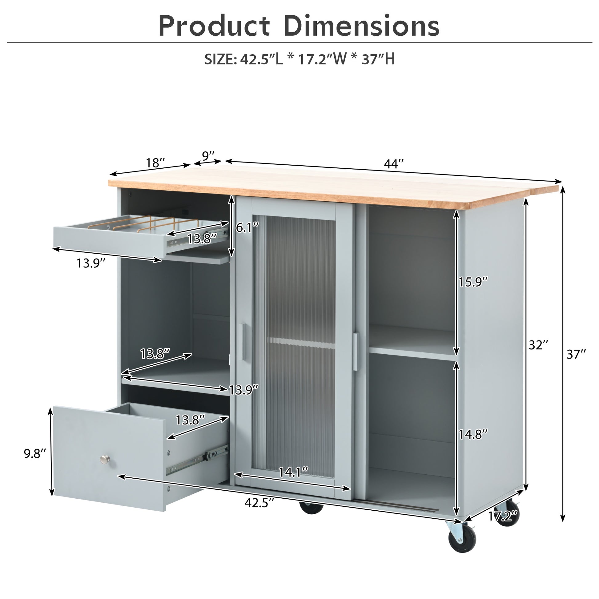 Kitchen Island With Drop Leaf, Led Light Kitchen Cart On Wheels With 2 Fluted Glass Doors And 1 Flip Cabinet Door, Large Kitchen Island Cart With An Adjustable Shelf And 2 Drawers Grey Blue Grey