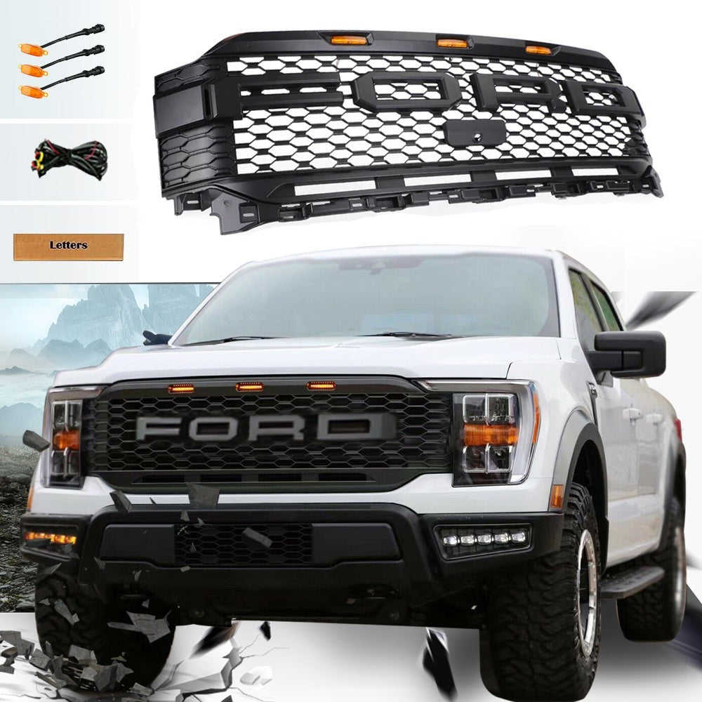 Grill For 2021 2022 2023 Ford F150 Raptor Grill Replacement W Led Lights & Letters Matte Black Matte Black Abs Abs