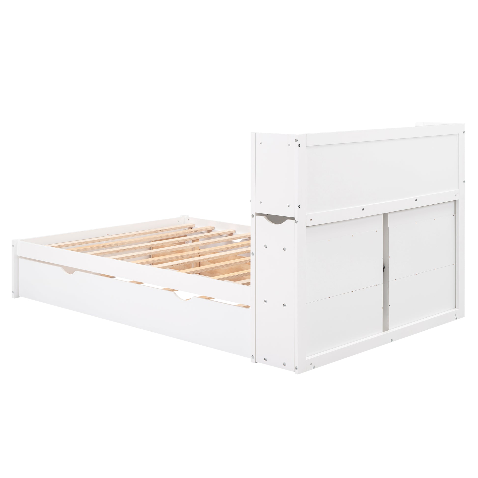 Full Size Storage Platform Bed With Pull Out Shelves, Twin Size Trundle And 2 Drawers, White Box Spring Not Required Full White Wood Bedroom Bed Frame Solid Wood Mdf