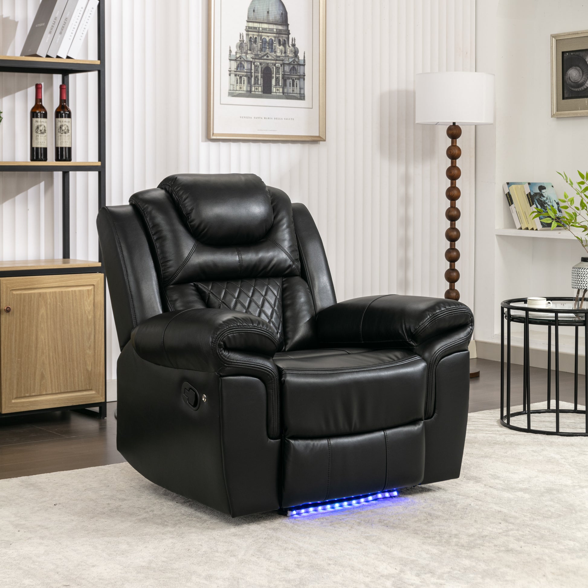 3 Pieces Recliner Sofa Sets Home Theater Seating Manual Recliner Chair With Center Console And Led Light Strip For Living Room, Black Black Foam Faux Leather