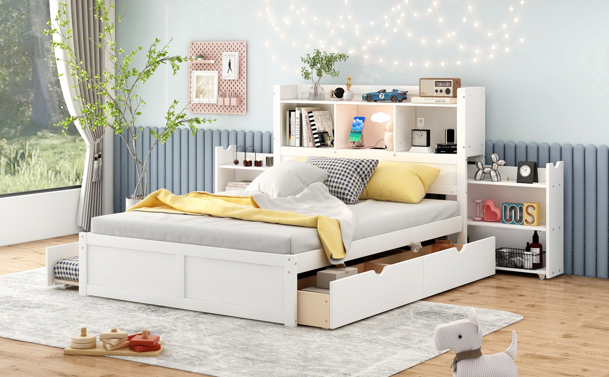 Full Size Storage Platform Bed With Pull Out Shelves, Twin Size Trundle And 2 Drawers, White Box Spring Not Required Full White Wood Bedroom Bed Frame Solid Wood Mdf