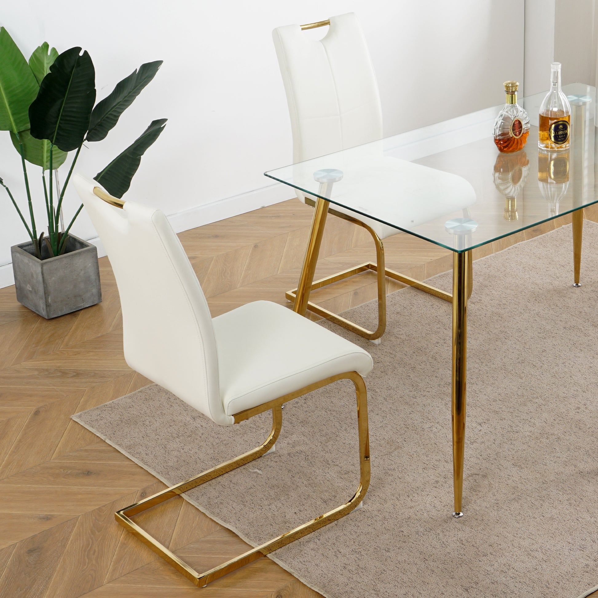 Modern Dining Chairs With Faux Leather Padded Seat Dining Living Room Chairs Upholstered Chair With Gold Metal Legs Design For Kitchen, Living, Bedroom, Dining Room Side Chairs Set Of 4 White Gold Metal