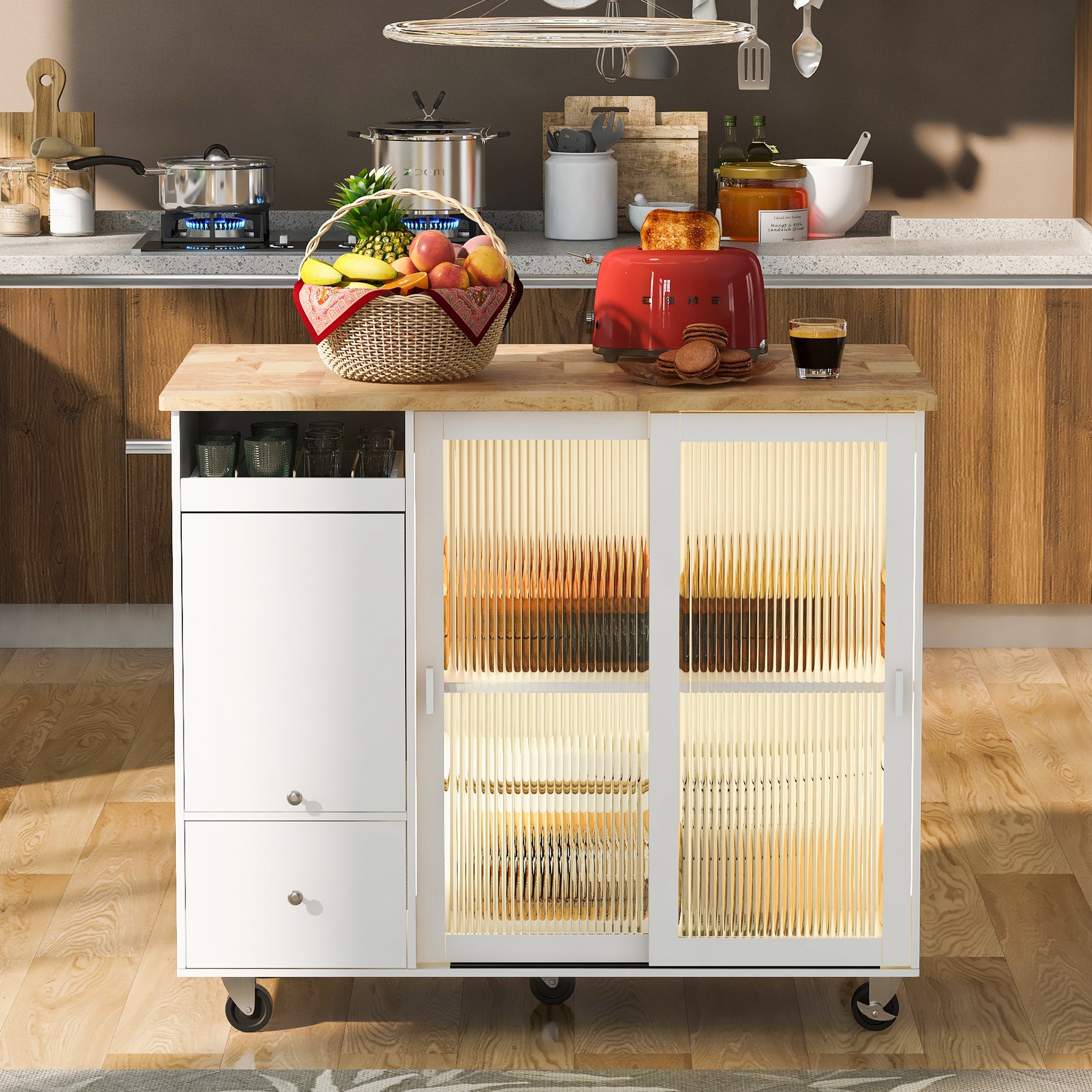 Kitchen Island With Drop Leaf, Led Light Kitchen Cart On Wheels With 2 Fluted Glass Doors And 1 Flip Cabinet Door, Large Kitchen Island Cart With An Adjustable Shelf And 2 Drawers White White