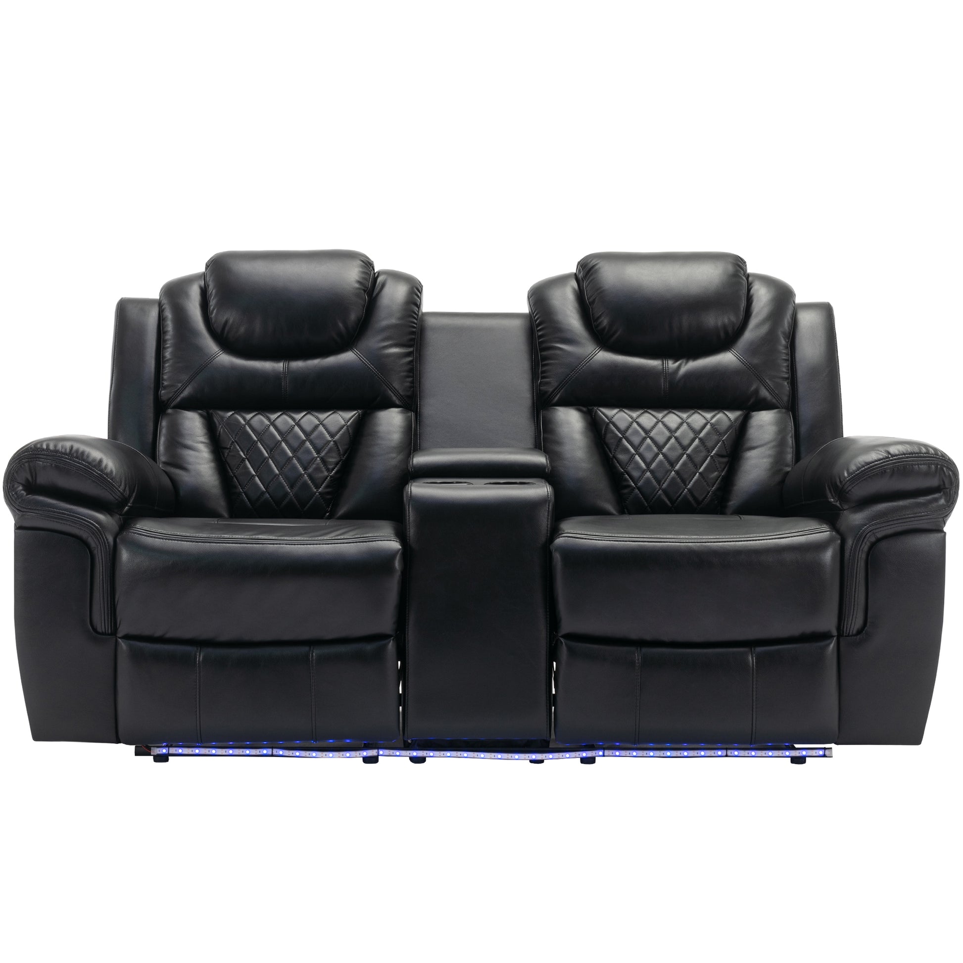 3 Pieces Recliner Sofa Sets Home Theater Seating Manual Recliner Chair With Center Console And Led Light Strip For Living Room, Black Black Foam Faux Leather