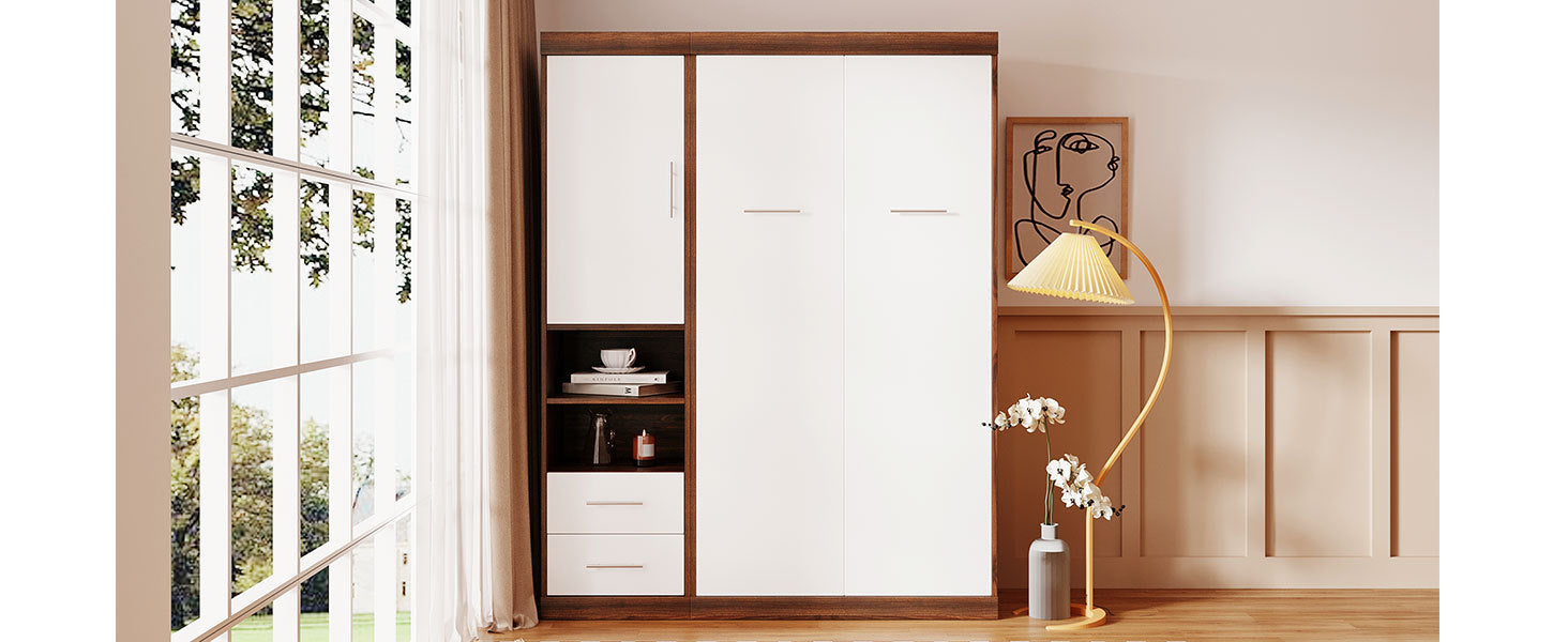 Twin Size Murphy Bed Wall Bed With Cabinet,White Twin White Solid Wood Mdf