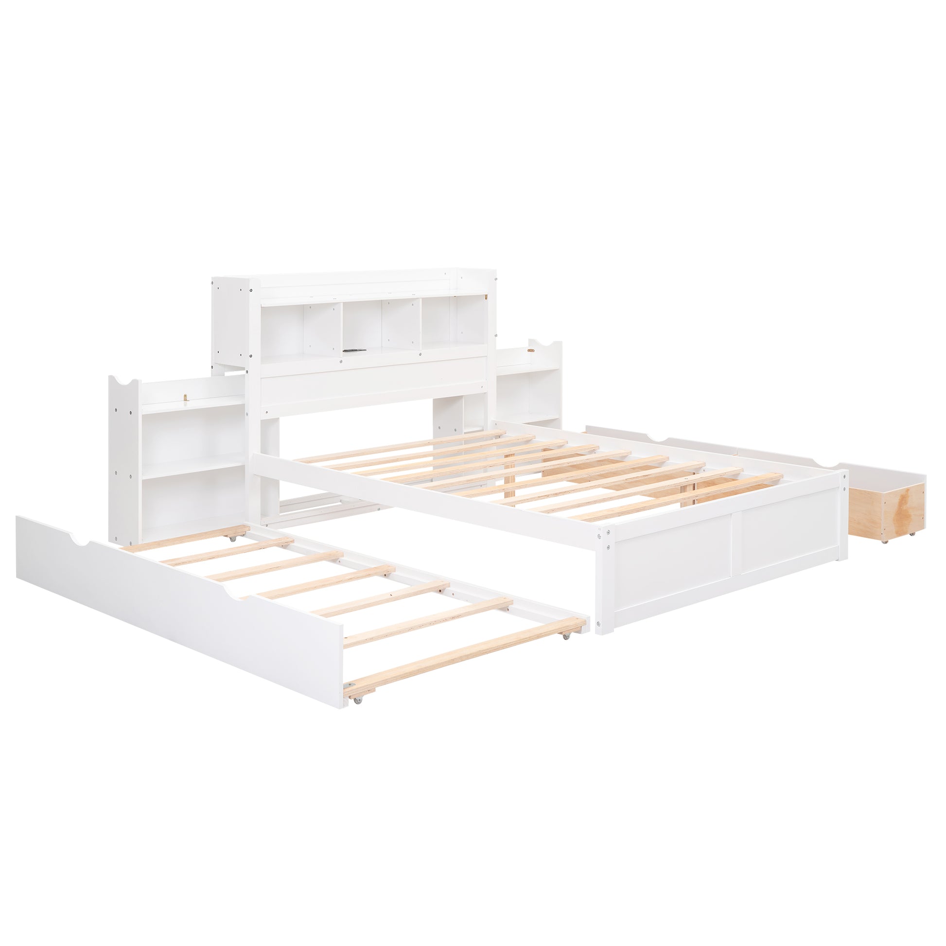 Full Size Storage Platform Bed With Pull Out Shelves, Twin Size Trundle And 2 Drawers, White Box Spring Not Required Full White Wood Bedroom Bed Frame Solid Wood Mdf