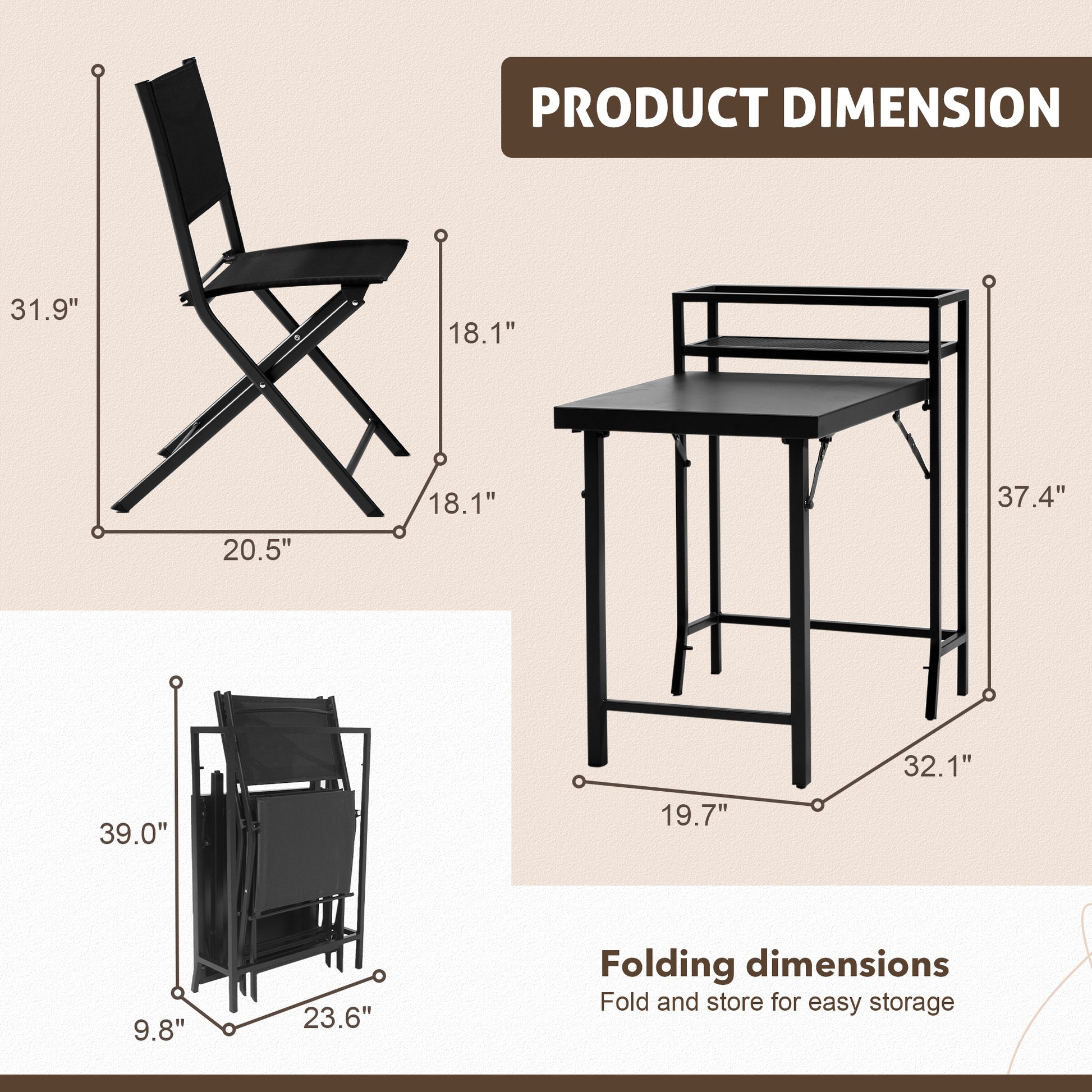 3Pcs Patio Bistro Set, Patio Set Of Foldable Patio Table And Chairs,Outdoor Patio Furniture Sets,Black No Complete Patio Set Black Rust Resistant Frame Garden & Outdoor 2 Person Seating Group Steel Steel
