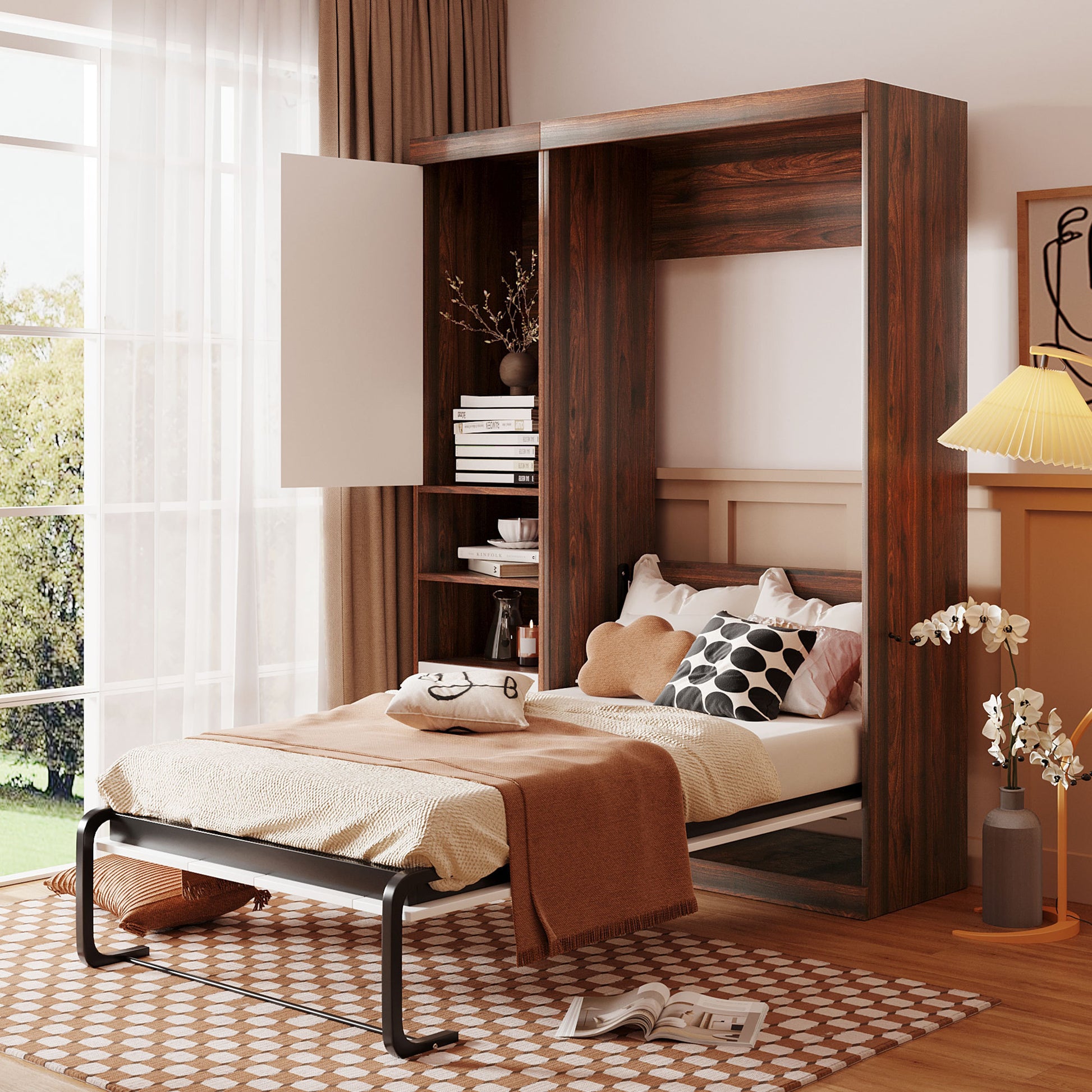 Twin Size Murphy Bed Wall Bed With Cabinet,White Twin White Solid Wood Mdf