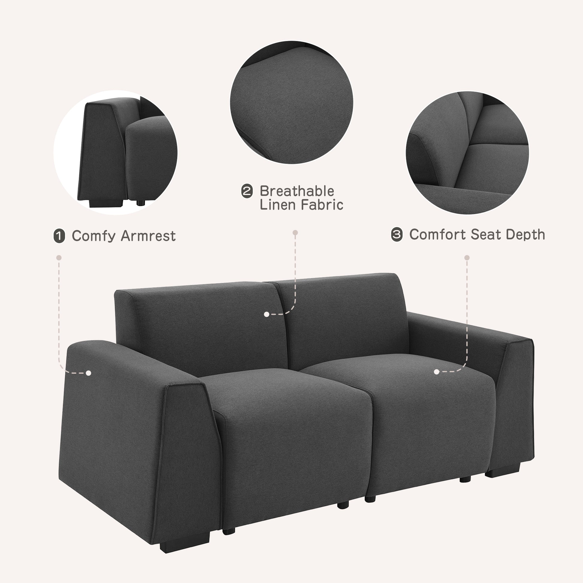 71*35.5" Modern Linen Fabric Sofa,Stylish And Minimalist 2 3 Seat Couch,Easy To Install,Exquisite Loveseat With Wide Armrests For Living Room,Bedroom,Apartment,Office,2 Colors Dark Grey Linen 2 Seat