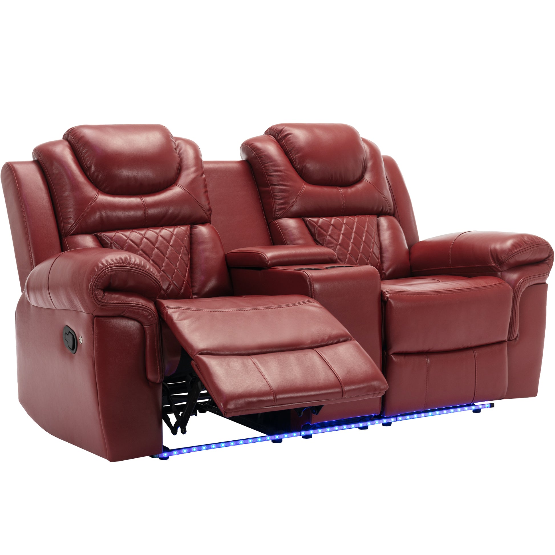 3 Pieces Recliner Sofa Sets Home Theater Seating Manual Recliner Chair With Center Console And Led Light Strip For Living Room, Wine Red Wine Red Foam Faux Leather