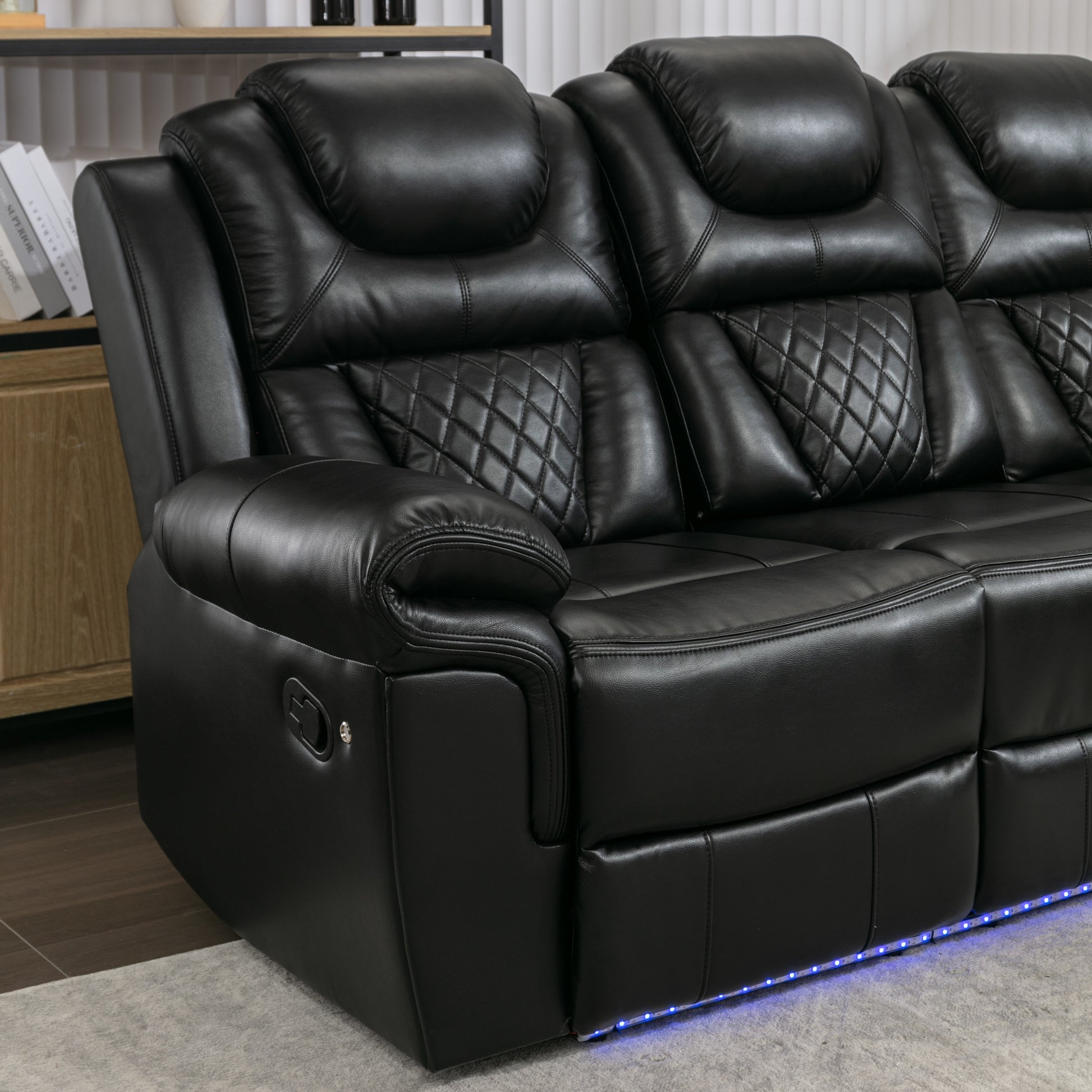 Home Theater Seating Manual Recliner Chair With Center Console And Led Light Strip For Living Room, Black Black Foam Faux Leather