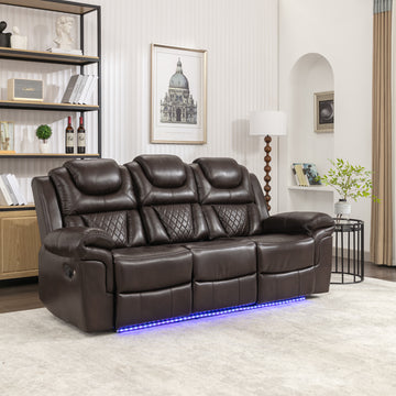 Home Theater Seating Manual Recliner Chair With Center Console And Led Light Strip For Living Room, Brown Brown Foam Faux Leather