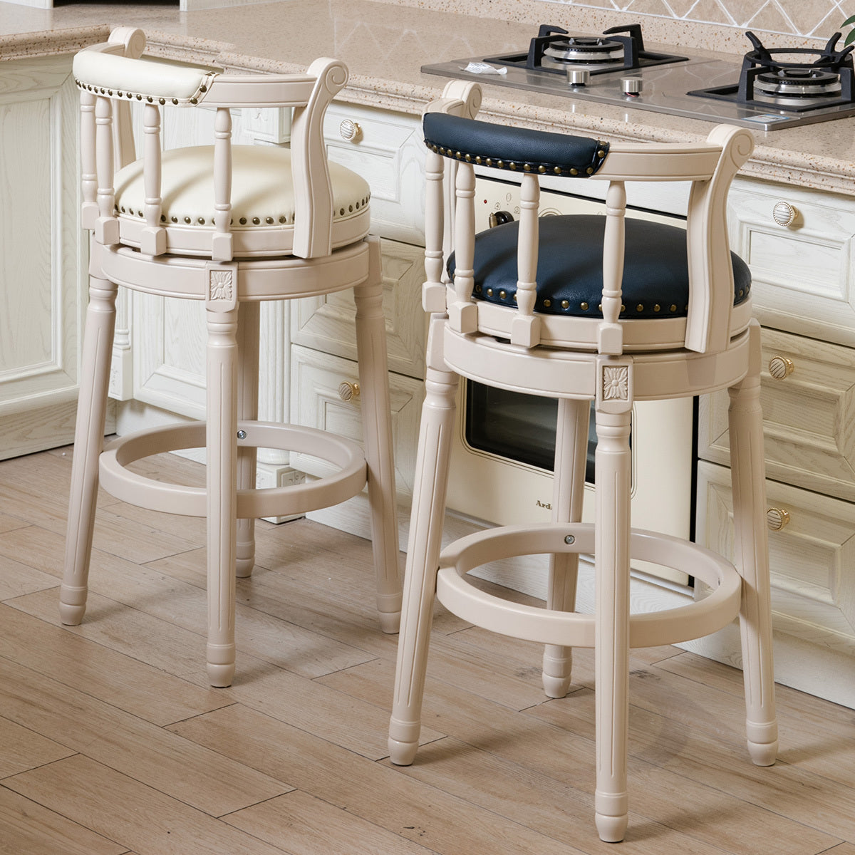 Bar Stools Seat Height 29.5'' Leather Wooden Bar Stools White 1Pc Cream Genuine Leather
