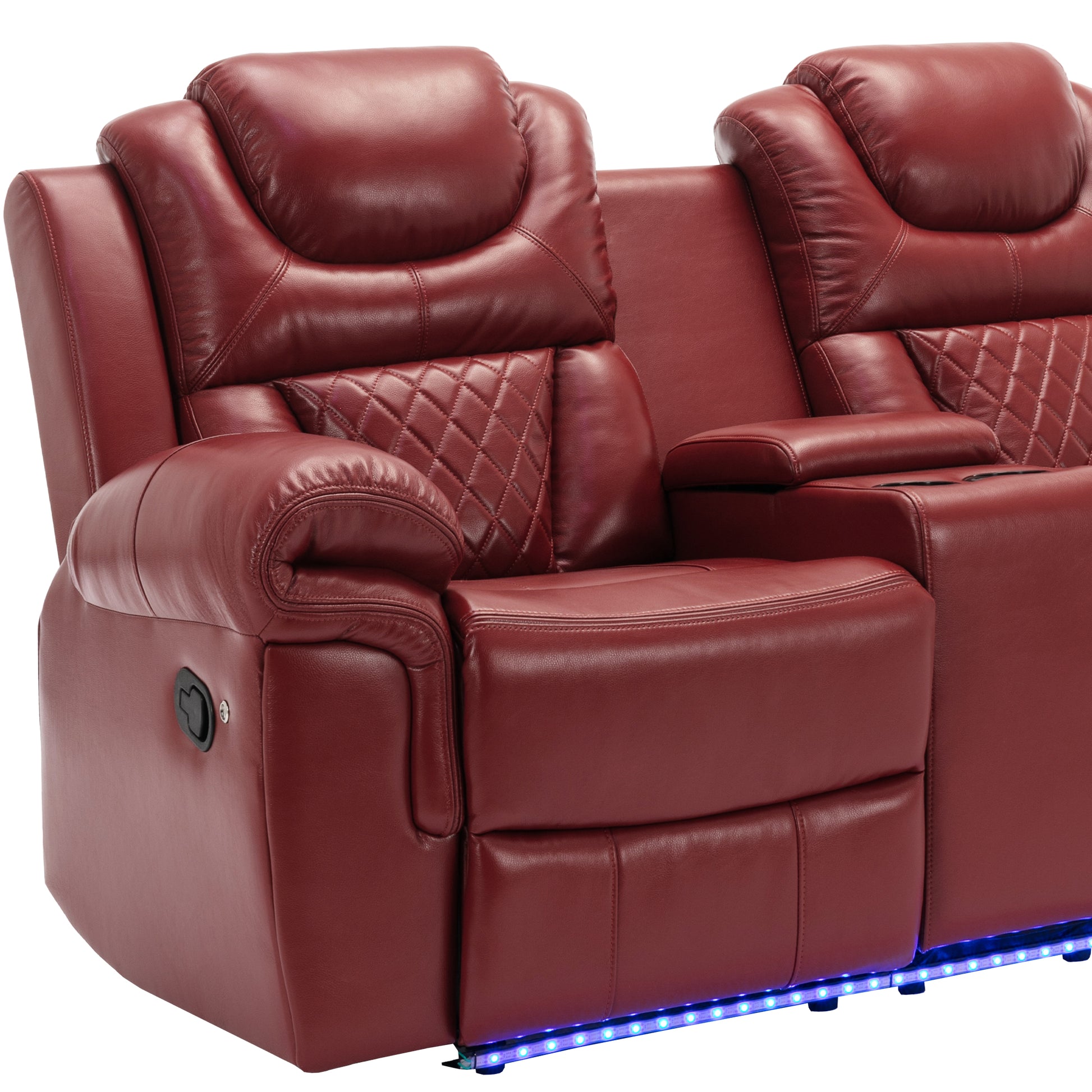 3 Pieces Recliner Sofa Sets Home Theater Seating Manual Recliner Chair With Center Console And Led Light Strip For Living Room, Wine Red Wine Red Foam Faux Leather