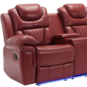 3 Pieces Recliner Sofa Sets Home Theater Seating Manual Recliner Chair With Center Console And Led Light Strip For Living Room, Wine Red Wine Red Foam Faux Leather