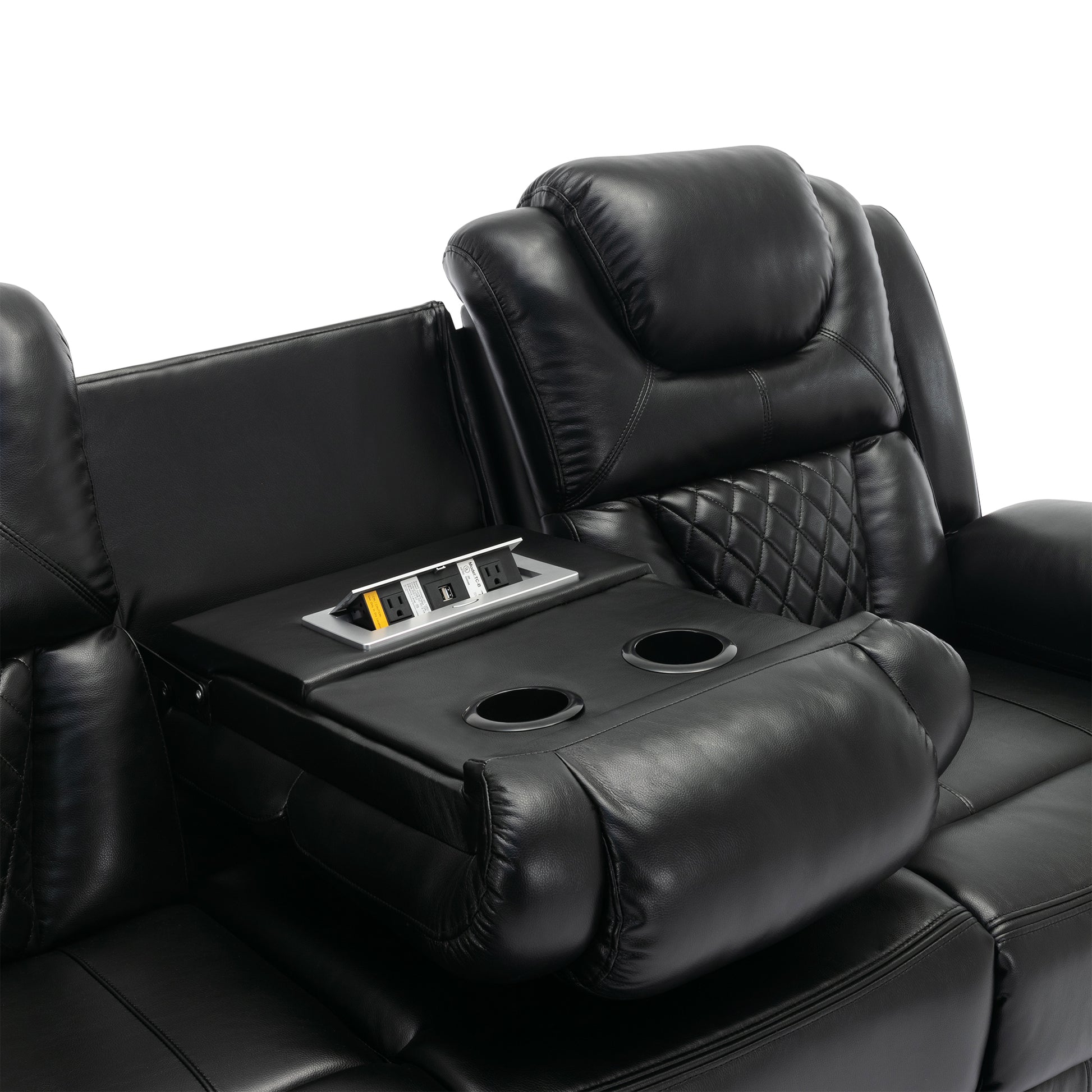 Home Theater Seating Manual Recliner Chair With Center Console And Led Light Strip For Living Room, Black Black Foam Faux Leather