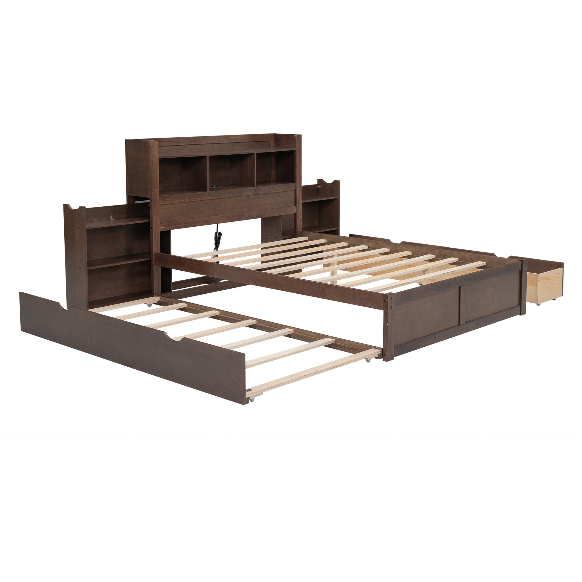 Full Size Storage Platform Bed With Pull Out Shelves, Twin Size Trundle And 2 Drawers, Espresso Box Spring Not Required Full Espresso Wood Bedroom Bed Frame Solid Wood Mdf