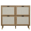 Natural Rattan 4 Door Shoe Rack, Freestanding Modern Shoe Storage Cabinet, For Entryway Walnut Particle Board