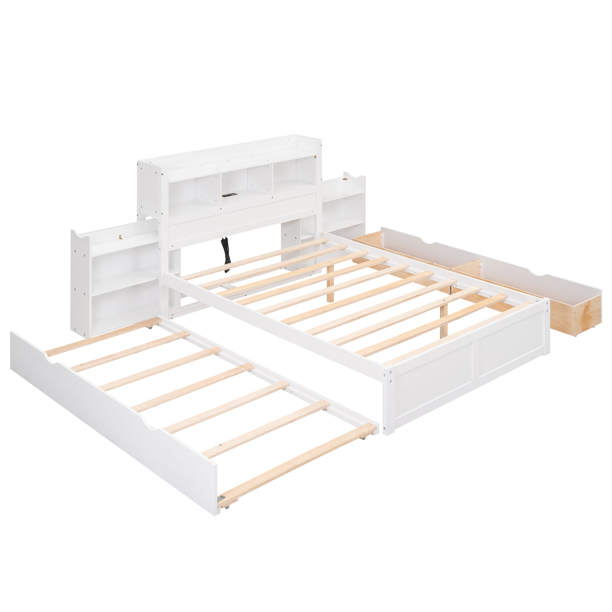 Full Size Storage Platform Bed With Pull Out Shelves, Twin Size Trundle And 2 Drawers, White Box Spring Not Required Full White Wood Bedroom Bed Frame Solid Wood Mdf