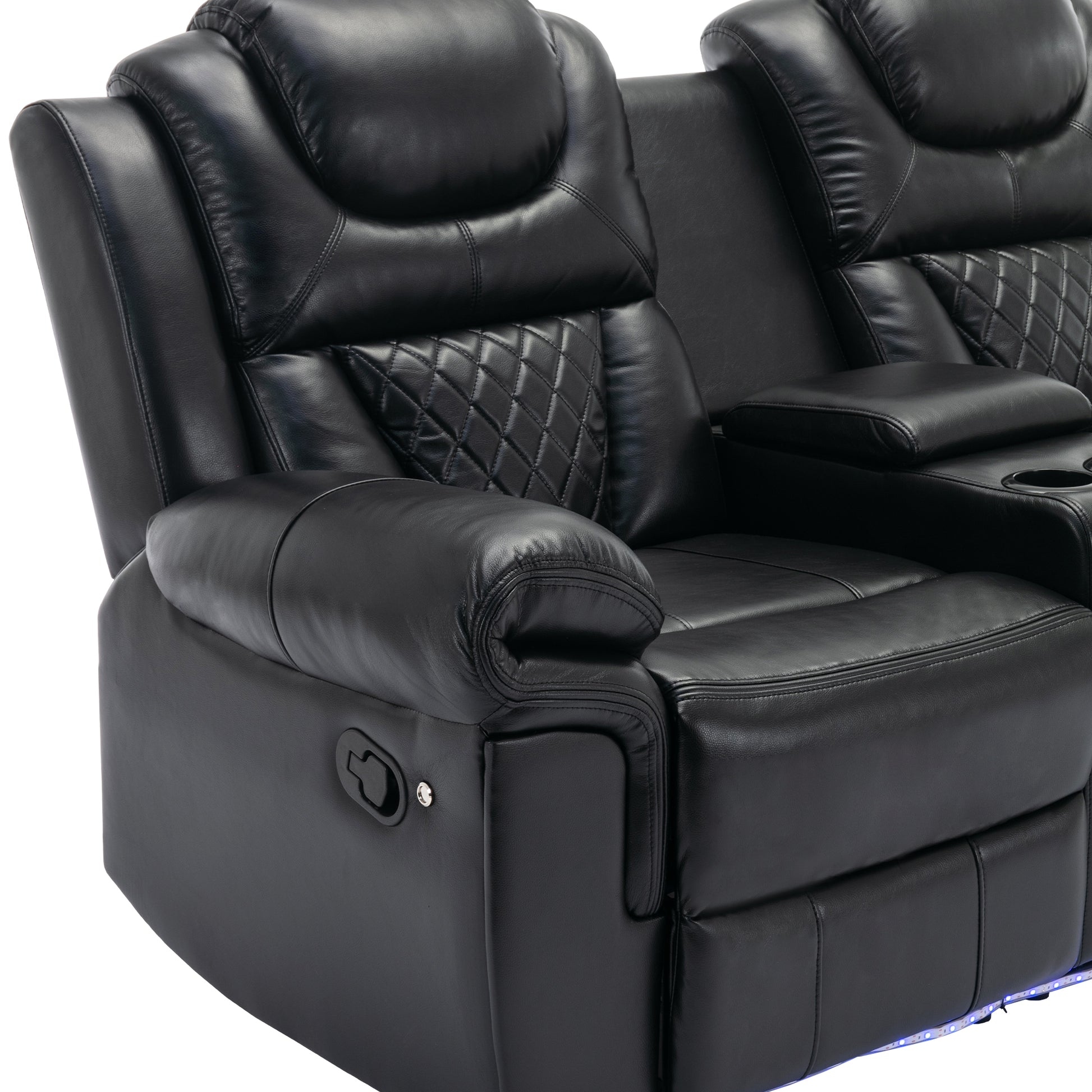 3 Pieces Recliner Sofa Sets Home Theater Seating Manual Recliner Chair With Center Console And Led Light Strip For Living Room, Black Black Foam Faux Leather