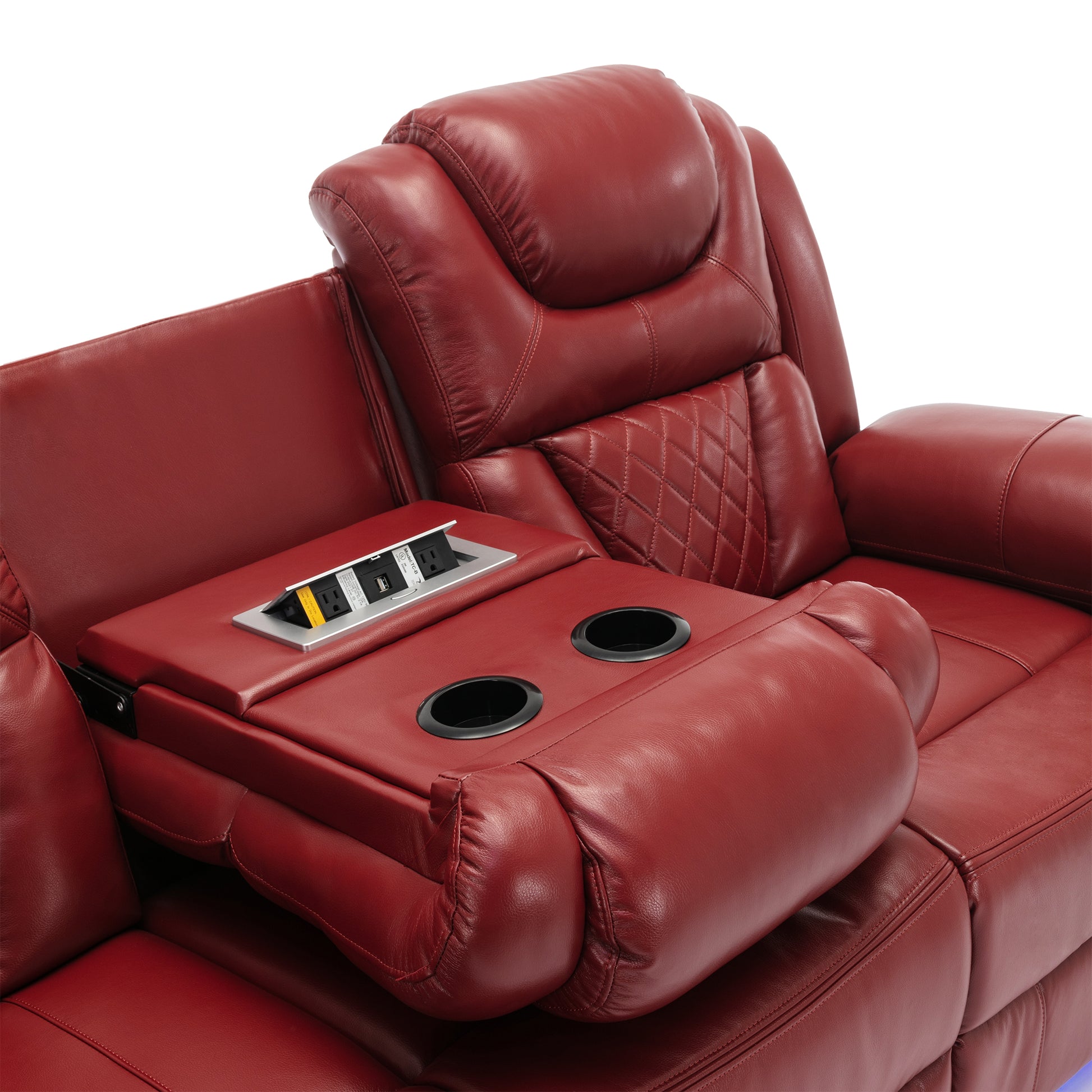 Home Theater Seating Manual Recliner Chair With Center Console And Led Light Strip For Living Room, Wind Red Red Foam Faux Leather