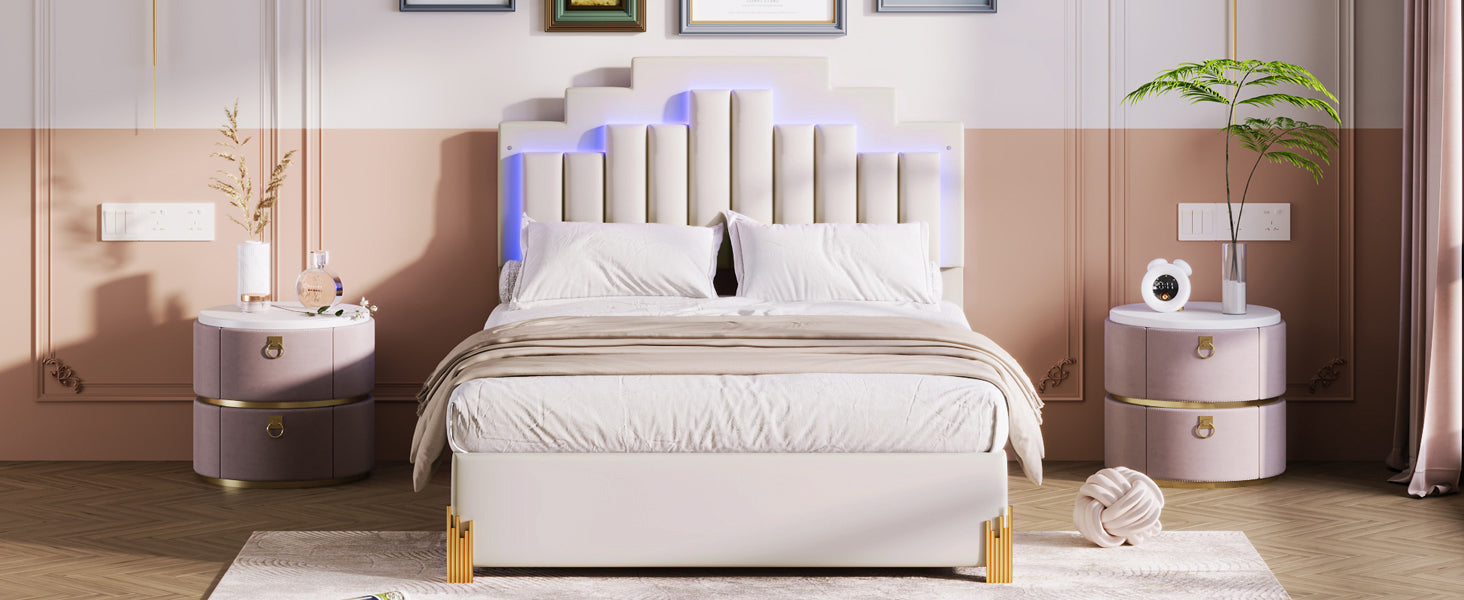 Full Size Upholstered Platform Bed With Led Lights And 4 Drawers, Stylish Irregular Metal Bed Legs Design, Beige Beige Velvet