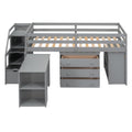 Twin Size Loft Bed With Retractable Writing Desk And 3 Drawers, Wooden Loft Bed With Storage Stairs And Shelves, Gray Gray Solid Wood Mdf